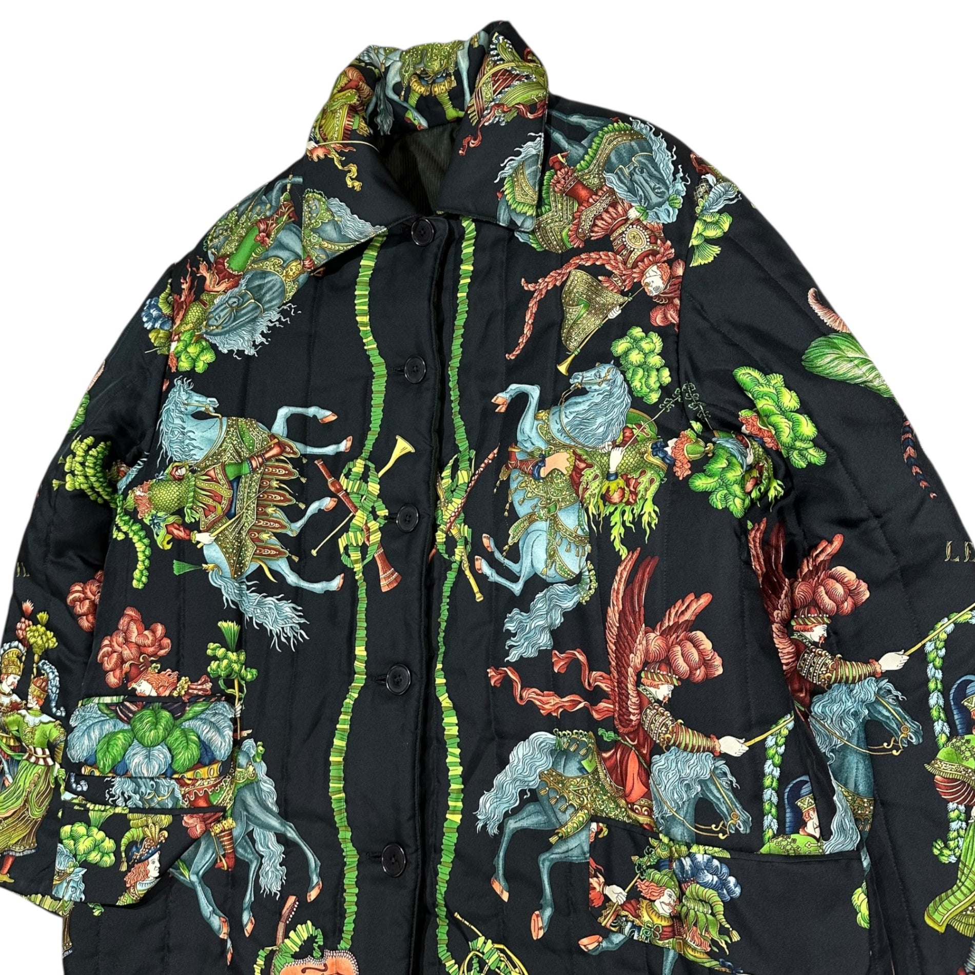 HERMES(エルメス) 90's Vintage LES FETES DU ROI SOLEIL 90年代 ヴィンテージ 太陽王の祝典 シルク スカーフ ジャケット 42 ブラック×グリーン エルメスジャポンタグ