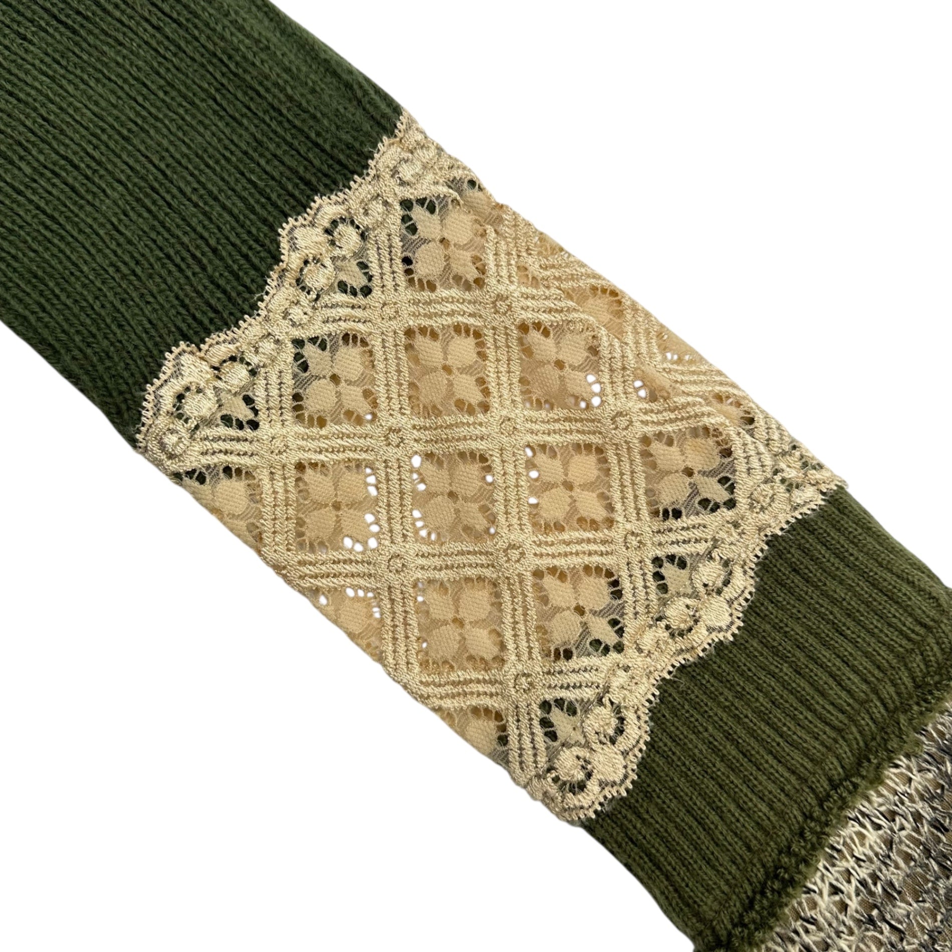 RehersalL(リハーズオール) Vintage lace-decorated scarf 古着リメイク レース 装飾 マフラー カーキ×アイボリー