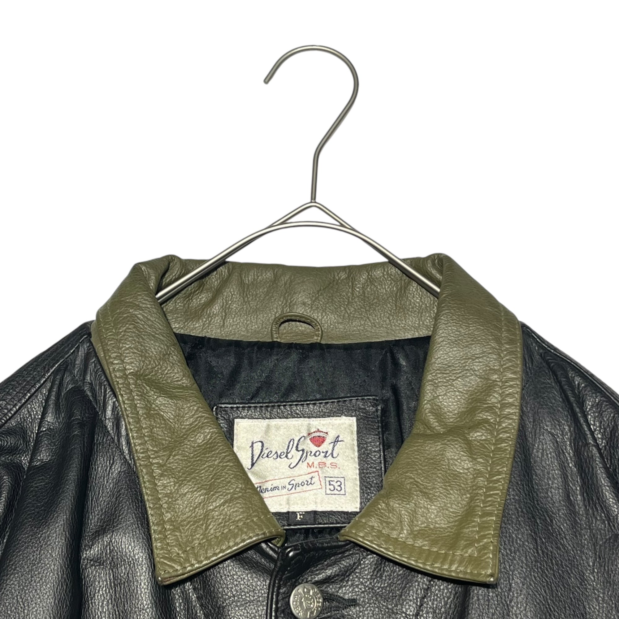 DIESEL SPORT(ディーゼルスポーツ) 90's LEATHER BICOLOR TRUCKER JACKET レザー バイカラー トラッカー ジャケット FREE ブラック×カーキ 90年代 スタジャン リブ カウレザー アーカイブ