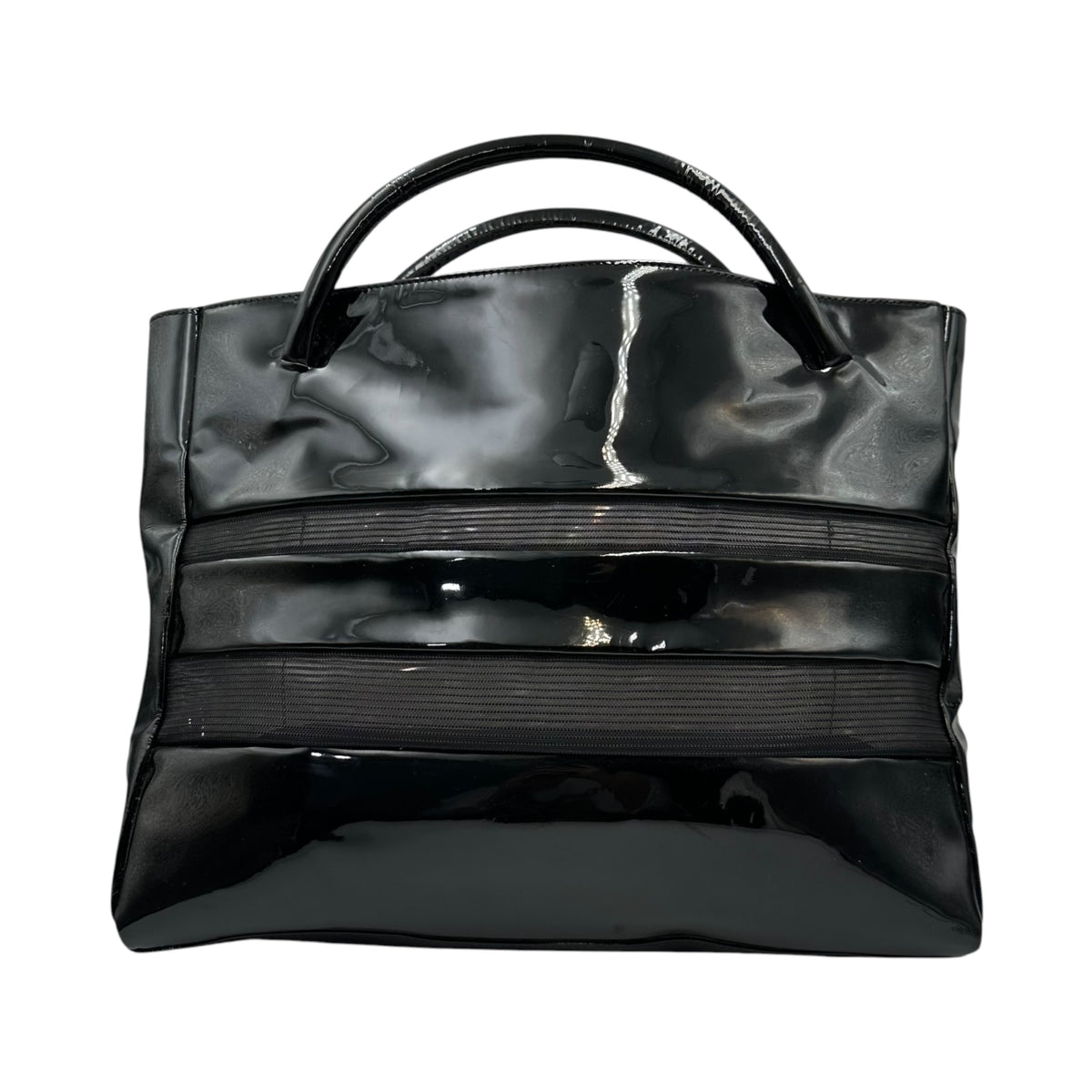 COMME des GARCONS(コムデギャルソン) Mesh-Paneled Patent Handbag メッシュ 切替 パテント ハンドバッグ FREE ブラック