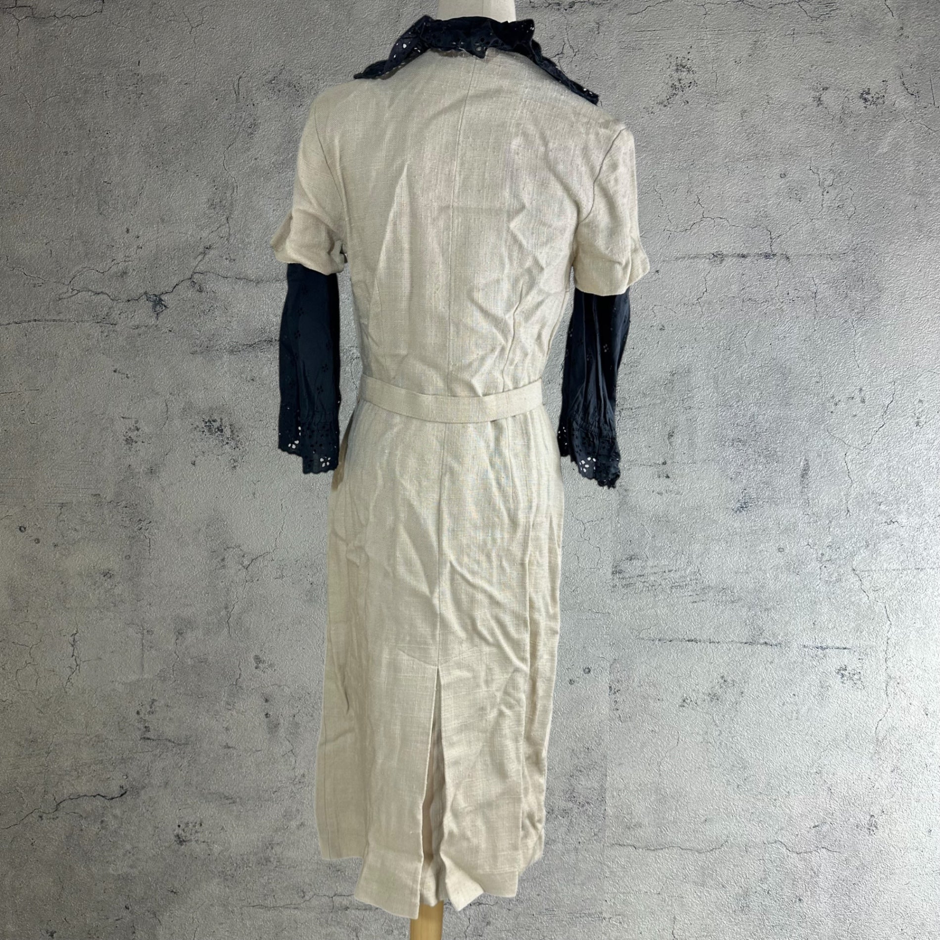 Euro vintage(ヨーロッパヴィンテージ) 30's~ jute_short sleeve onepiece with belt ベルト付き半袖ワンピース 貝ボタン 表記無し(M程度) ベージュ