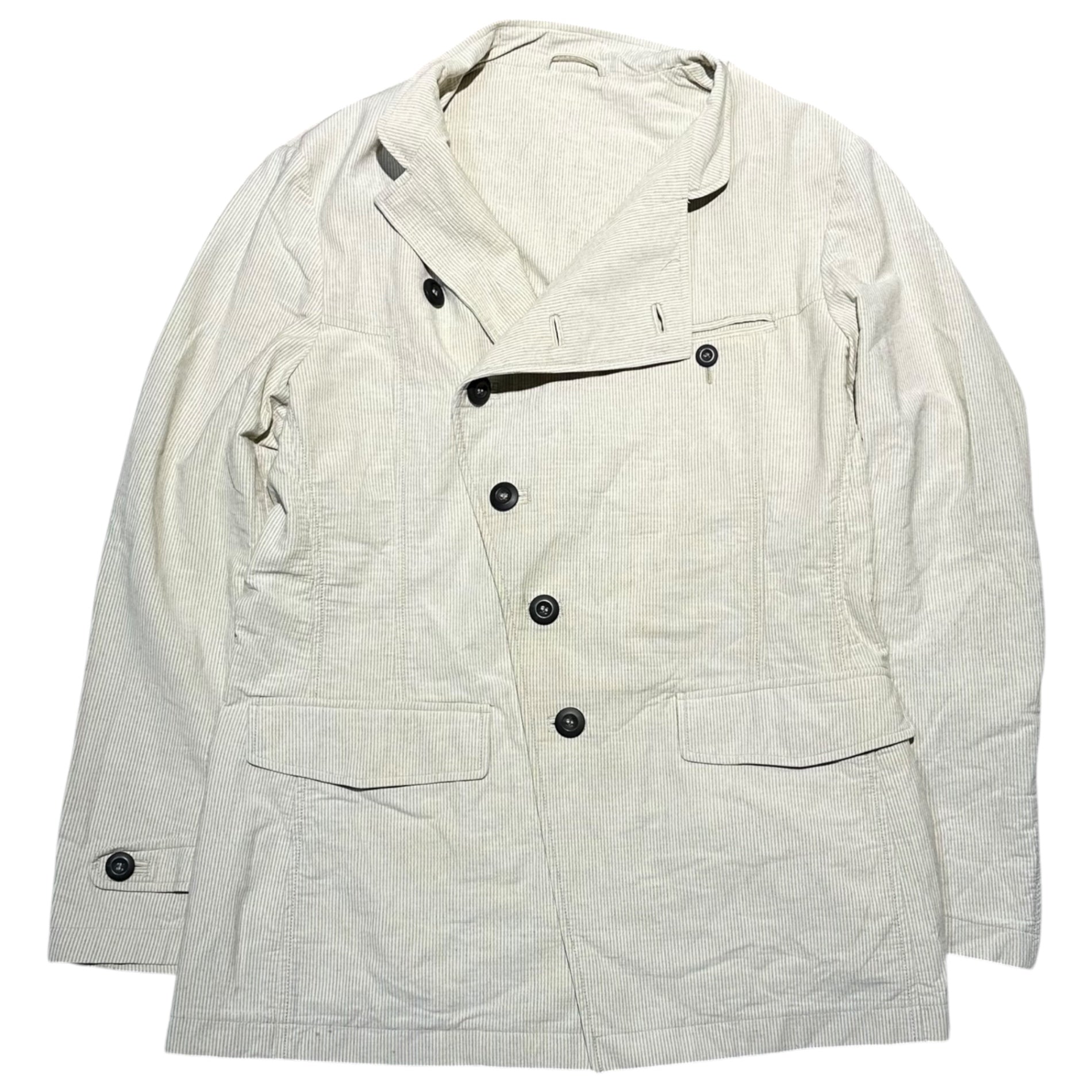 GIORGIO ARMANI(ジョルジオアルマーニ) Vintage Diagonal Button Stand Collar Long Sleeve Striped Jacket ヴィンテージ 斜めボタン スタンドカラー 長袖 ストライプ ジャケット 757002 50(L~XL程度) アイボリー