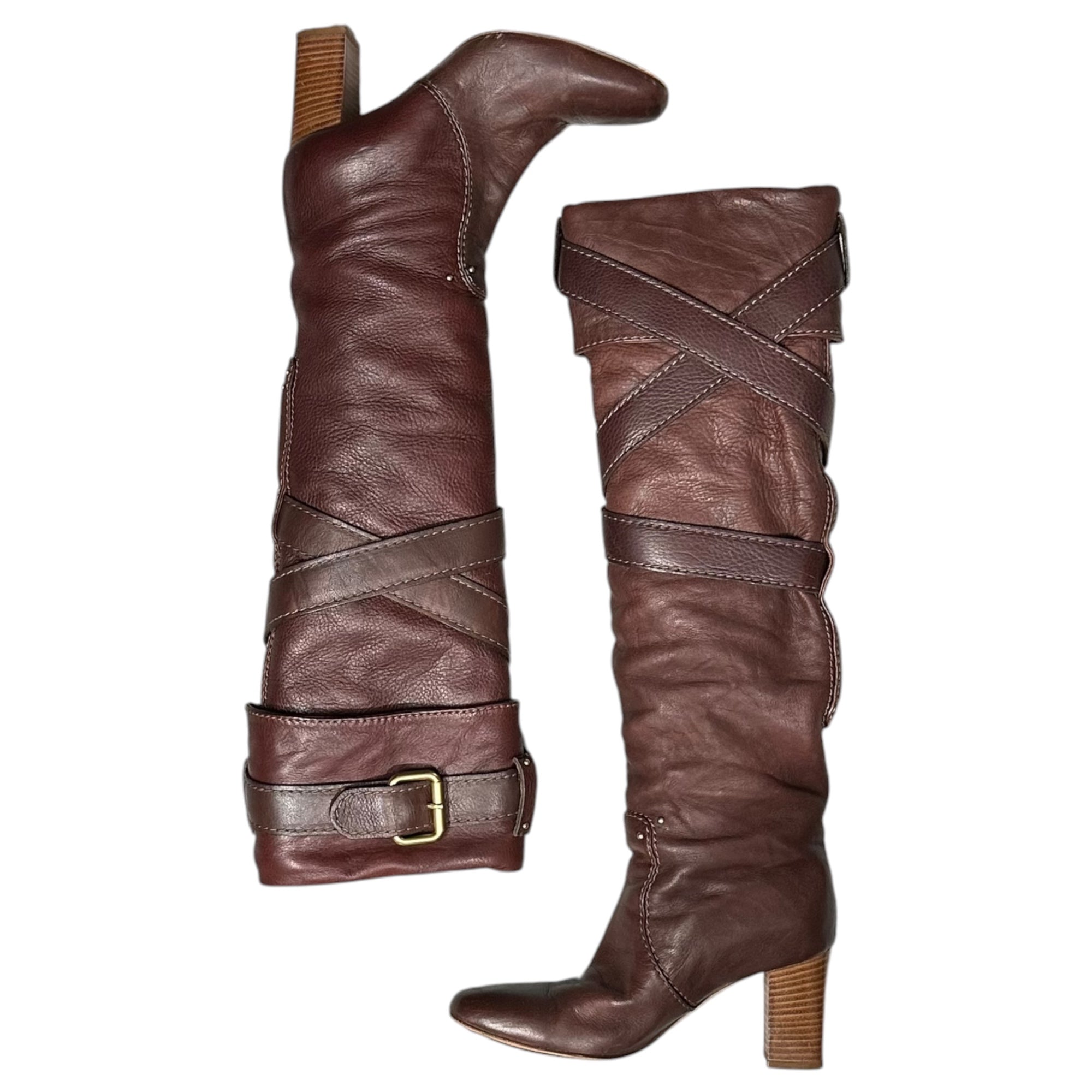 CHLOE(クロエ) Cross-strap Heeled Leather Long Boots クロスベルト ヒール レザー ロング ブーツ 36 1/2(23.5cm程度) ブラウン