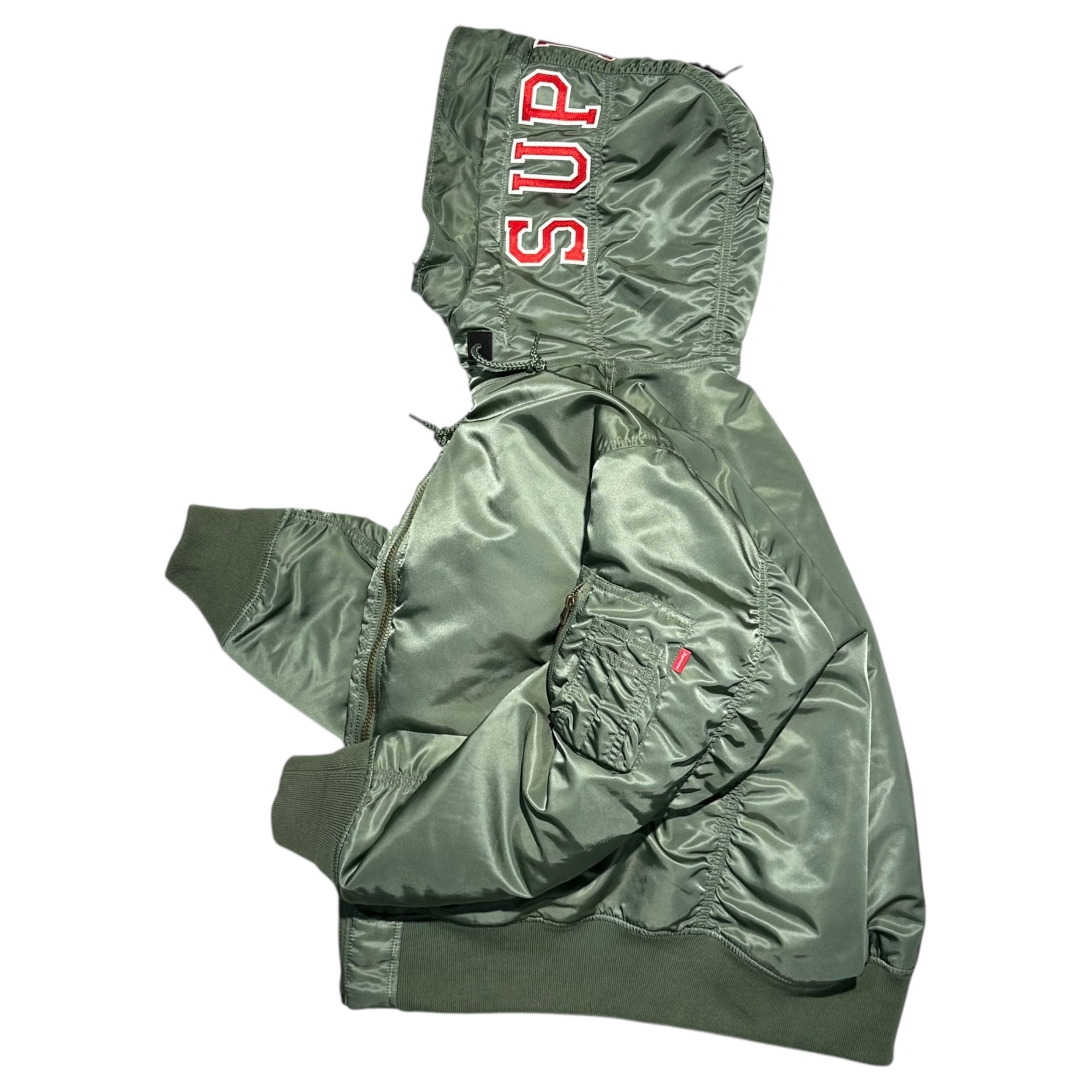 SUPREME(シュプリーム) 21AW Hooded MA-1 フーデット ミリタリー ボンバー ジャケット L オリーブ 21FW ロゴ フライト