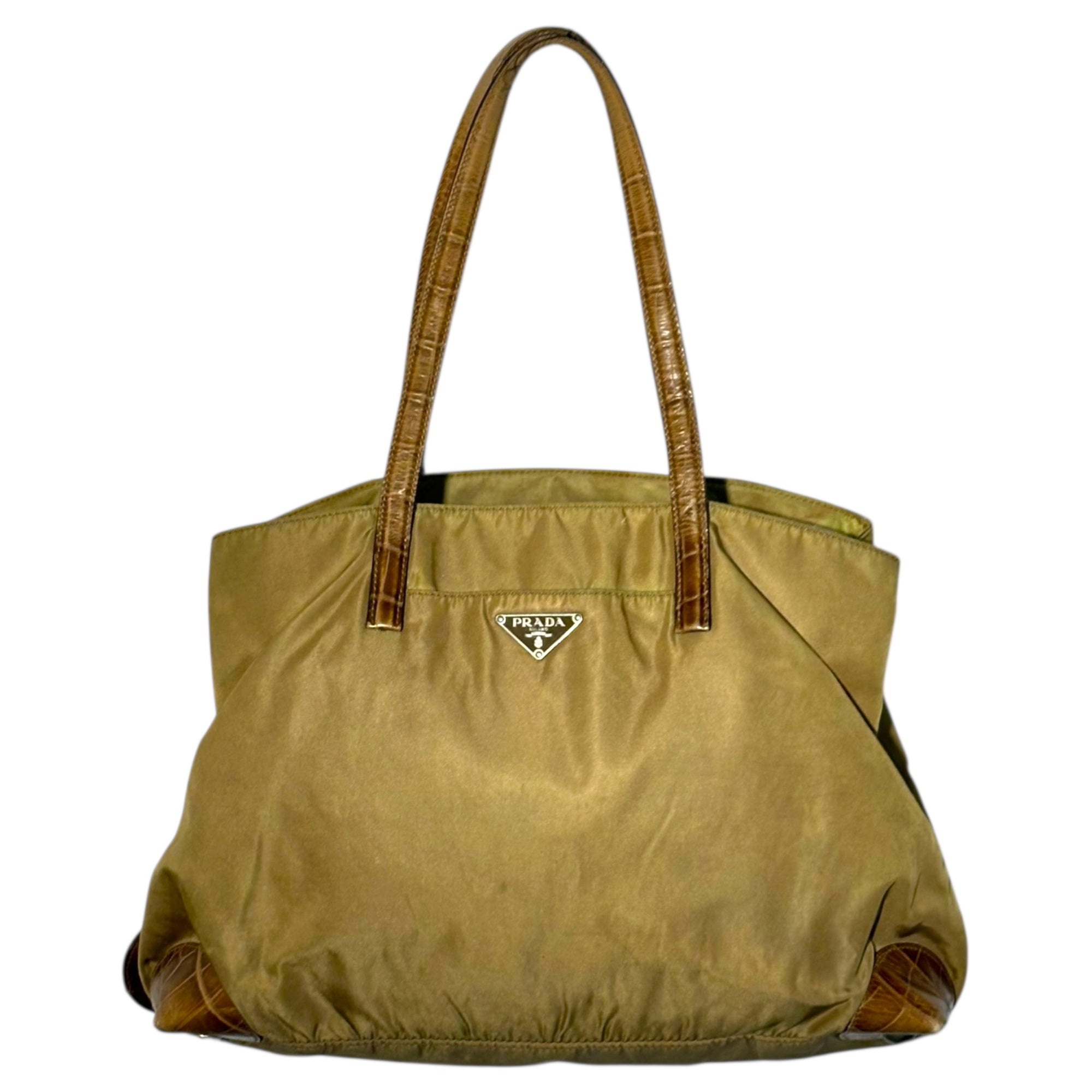 PRADA(プラダ) Crocodile Embossed Leather Nylon Tote Bag クロコ 型押し レザー ナイロン トート バッグ ベージュ 肩掛け 三角プレート