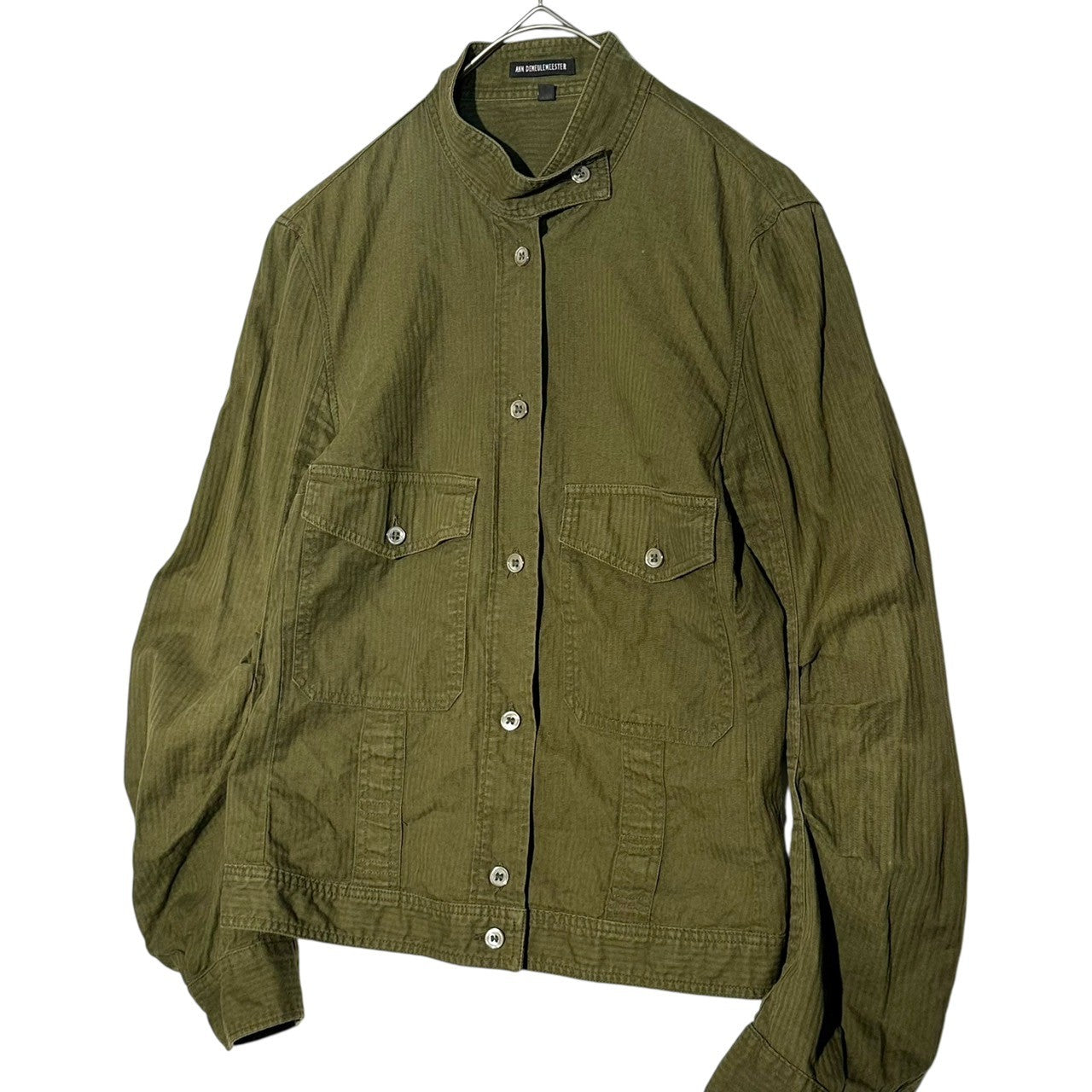 ANN DEMEULEMEESTER(アンドゥムルメステール) 90~00's Sleeve Transformation Stripe High Neck Shirt Jacket 袖 変形 ストライプ ハイネック シャツ ジャケット 34(XS程度) カーキ