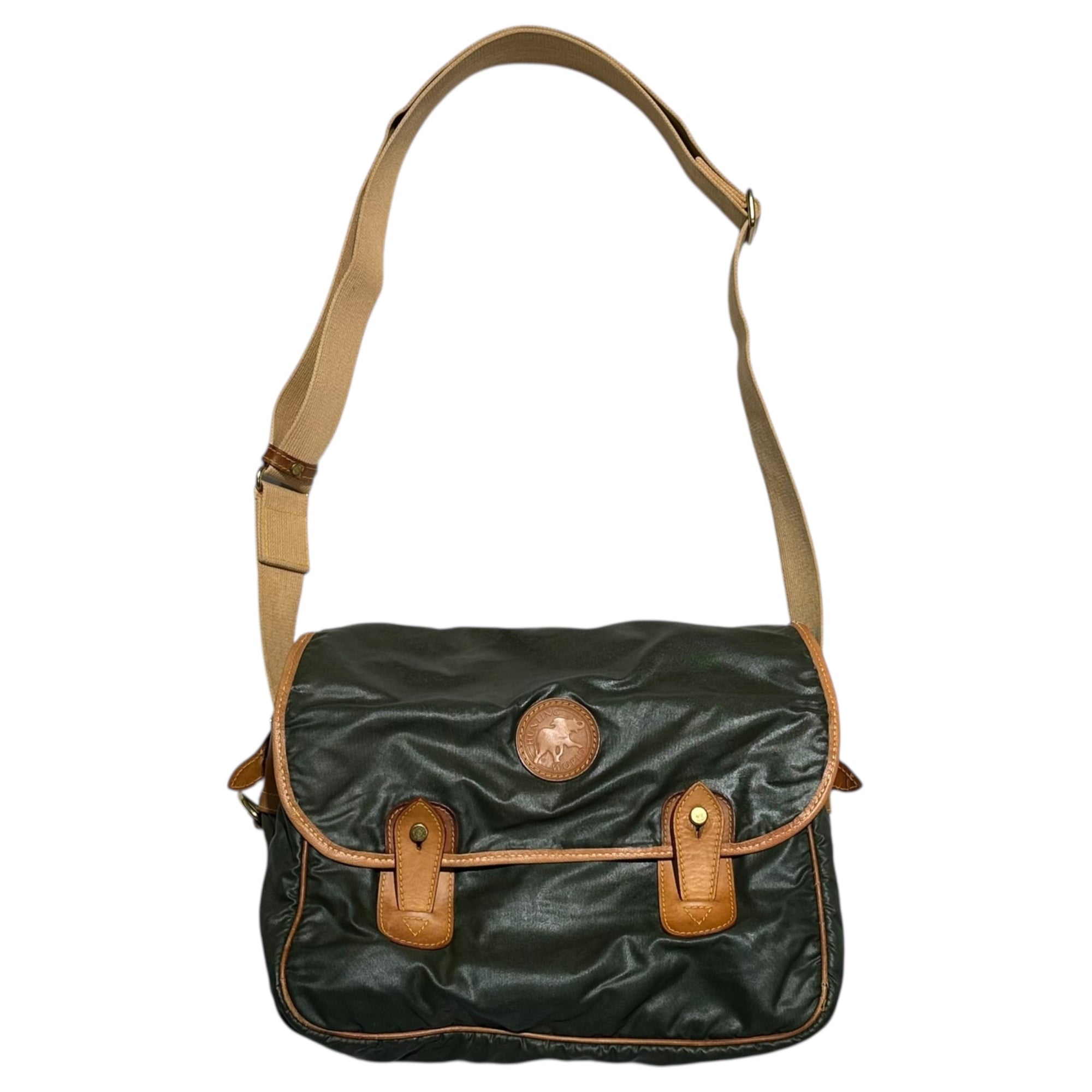 HUNTING WORLD(ハンティングワールド) Nylon leather messenger shoulder bag ナイロン レザー メッセンジャー ショルダー バッグ グリーン×ブラウン