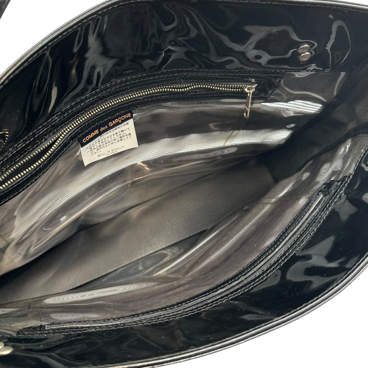 COMME des GARCONS(コムデギャルソン) Mesh-Paneled Patent Handbag メッシュ 切替 パテント ハンドバッグ FREE ブラック