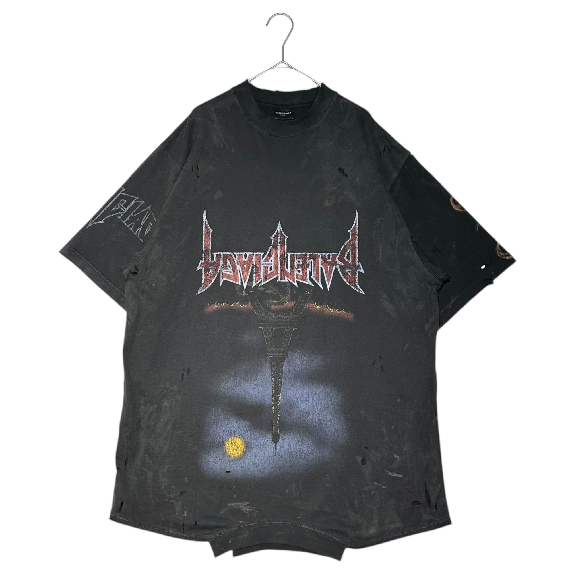BALENCIAGA(バレンシアガ) 23SS Paris Moon Upside Down デストロイ加工 プリント オーバー サイズ Tシャツ 698811 T0VT3 2 ブラック