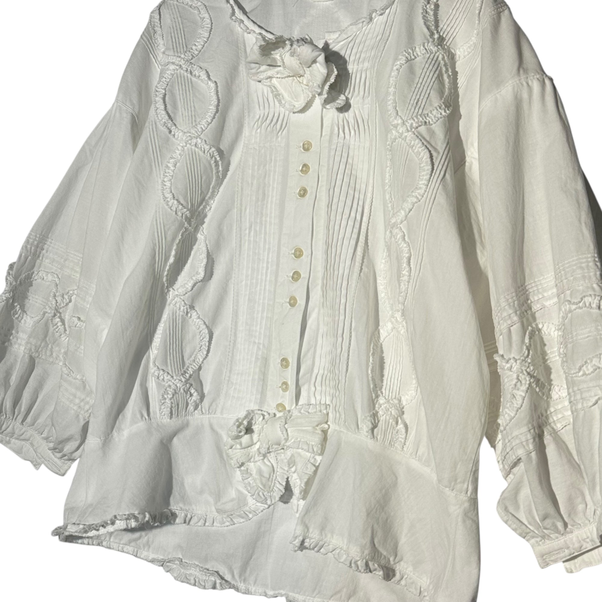 PINK HOUSE(ピンクハウス) 00's Cotton Lace Pleated Ribbon Blouse コットン レース プリーツ リボン ブラウス PO152FB26 表記無(レディースM程度) ホワイト BABY 7分袖 ロリータ