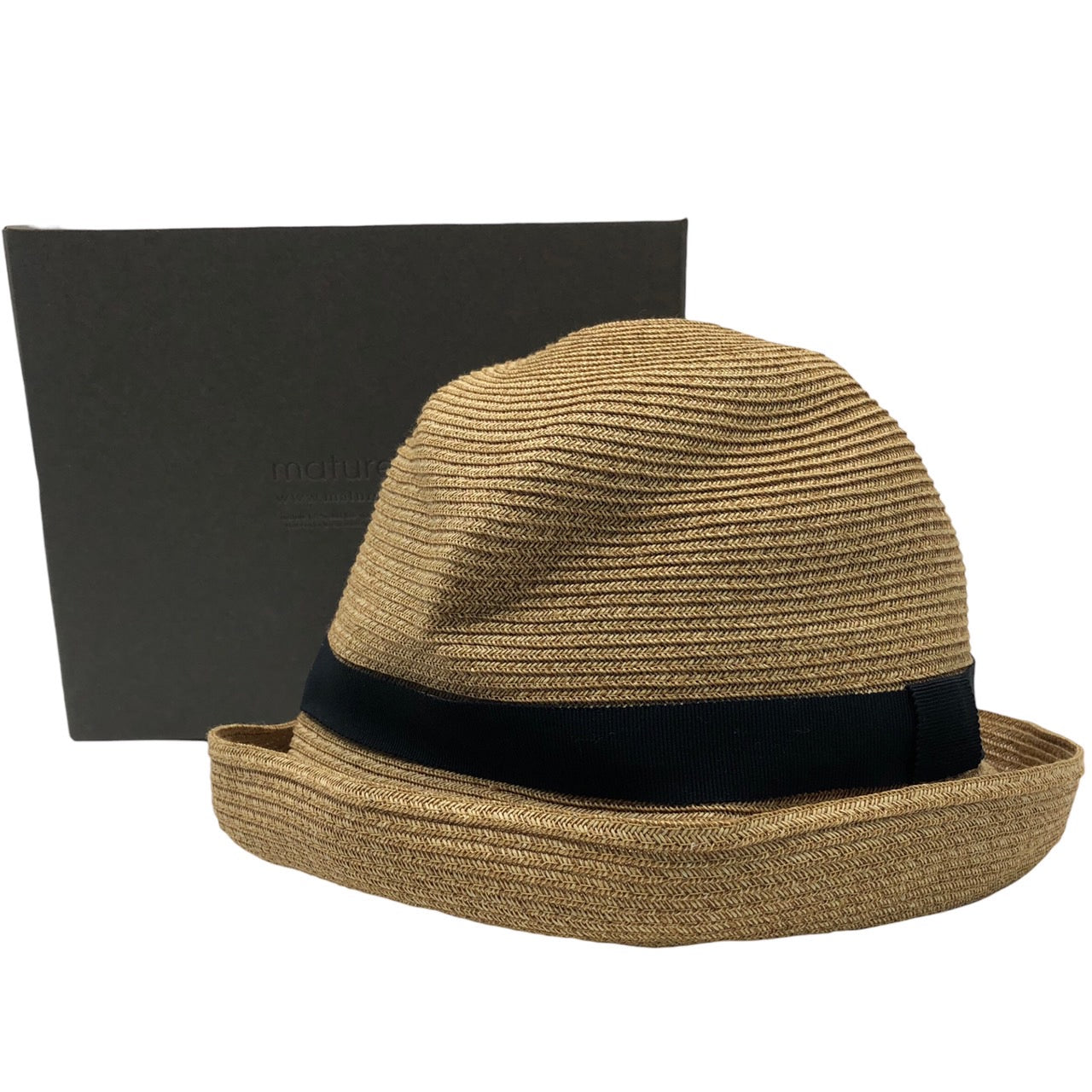 mature ha.(マチュアーハ) BOXED HAT 7cm brim grosgrain ribbon/ボックスハット SIZE M ナチュラル  箱付 定価19,800円(税込)