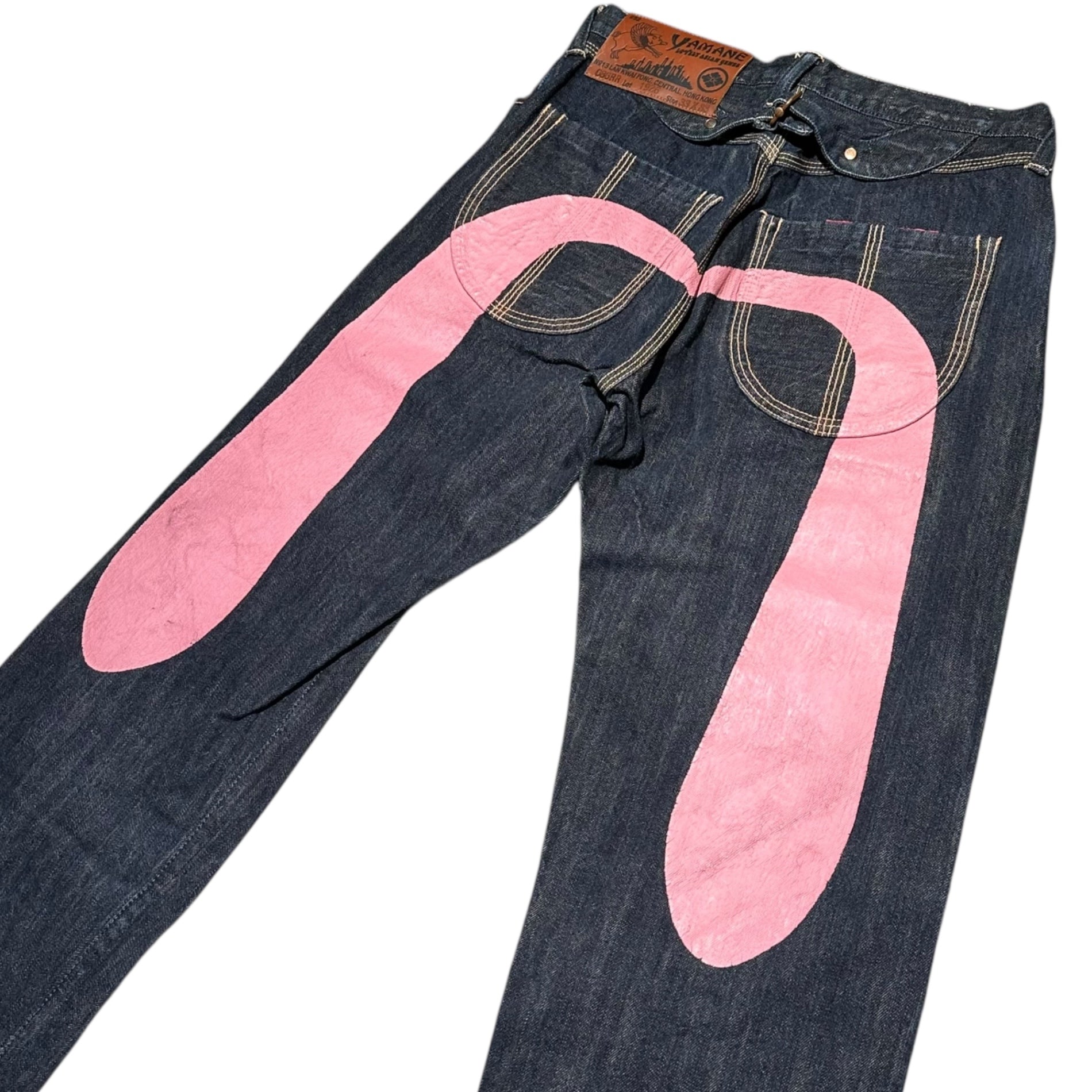 EVISU(エヴィス) YAMANE GURANTEED by Lot 1926 Selvich Jeans ピンク デカ カモメ ペイント セルビッチ デニム パンツ Lot 1926 33×33 インディゴ 大黒 エビス ジーンズ C86RR