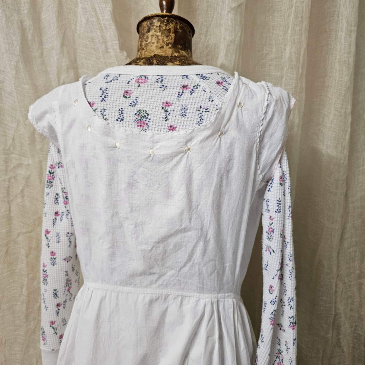 Euro antique(ヨーロッパアンティーク) 20’~30's piping stich remake nighty dress onepiece パイピングリボン付きリメイクコットンナイティドレス /ワンピース 表記無し(M～Lサイズ程度) ホワイト×ペールピンク