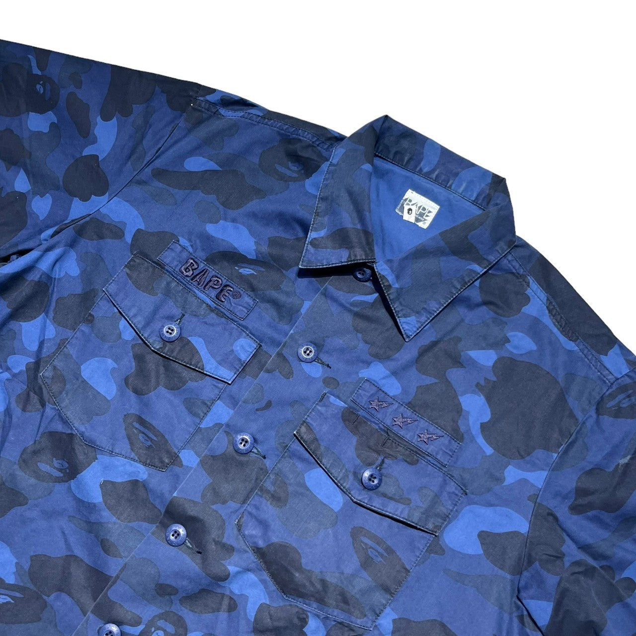 BAPE BY A BATHING APE(ベイプ バイ アベイシングエイプ) 00's Patch camouflage fatigue shirt ワッペン カモフラ ファティーグ シャツ L ブルー×ネイビー