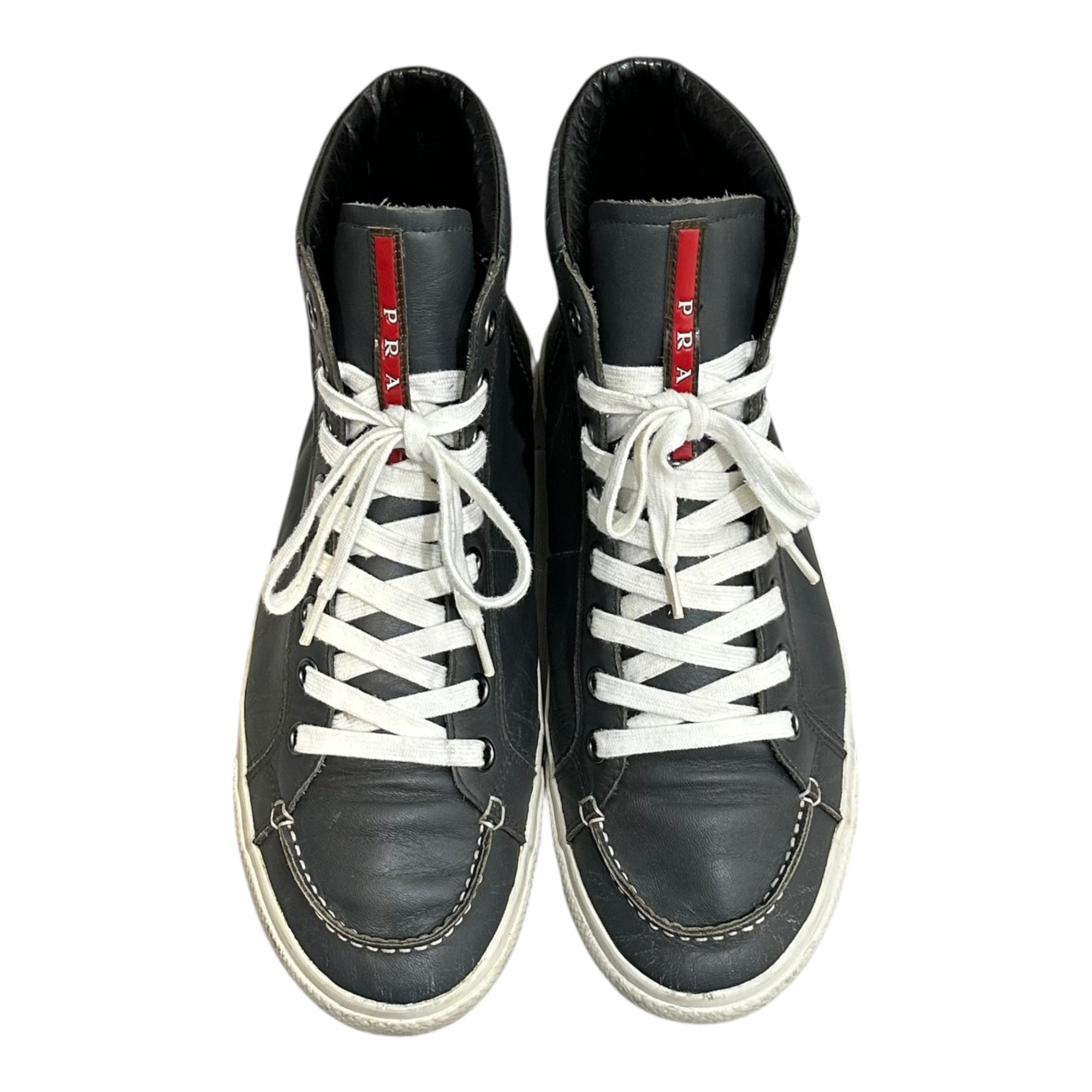 PRADA(プラダ) High-Top Leather Sneakers with Heel Triangle Logo ヒール 三角 ロゴ ハイカット レザー スニーカー 4T2148 9(27.0cm程度) グレー×ホワイト×レッド
