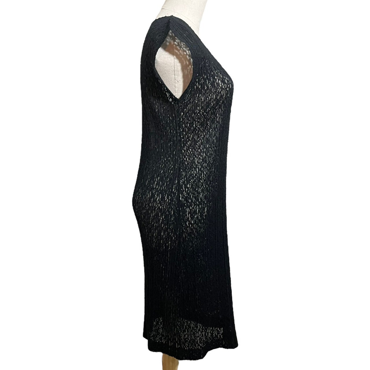 PLEATS PLEASE(プリーツプリーズ) 15AW  Lace pleated dress 総レース プリーツ ワンピース PP53-JK754 3(L程度) ブラック V オープン ネック メッシュ ノースリーブ ドレス