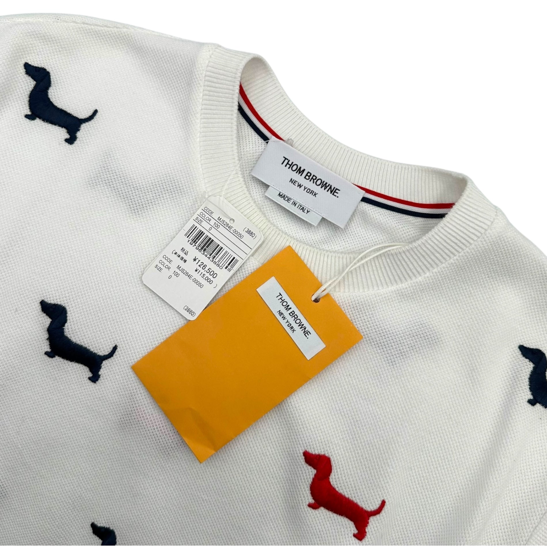 THOM BROWNE(トムブラウン) Dog Stitch Tricolor Crew Neck T-Shirt ドッグ ステッチ トリコロールカラー クルーネック Tシャツ ヘクター 犬 MJS284E-0050 0(XS程度) ホワイト×ネイビー×レッド
