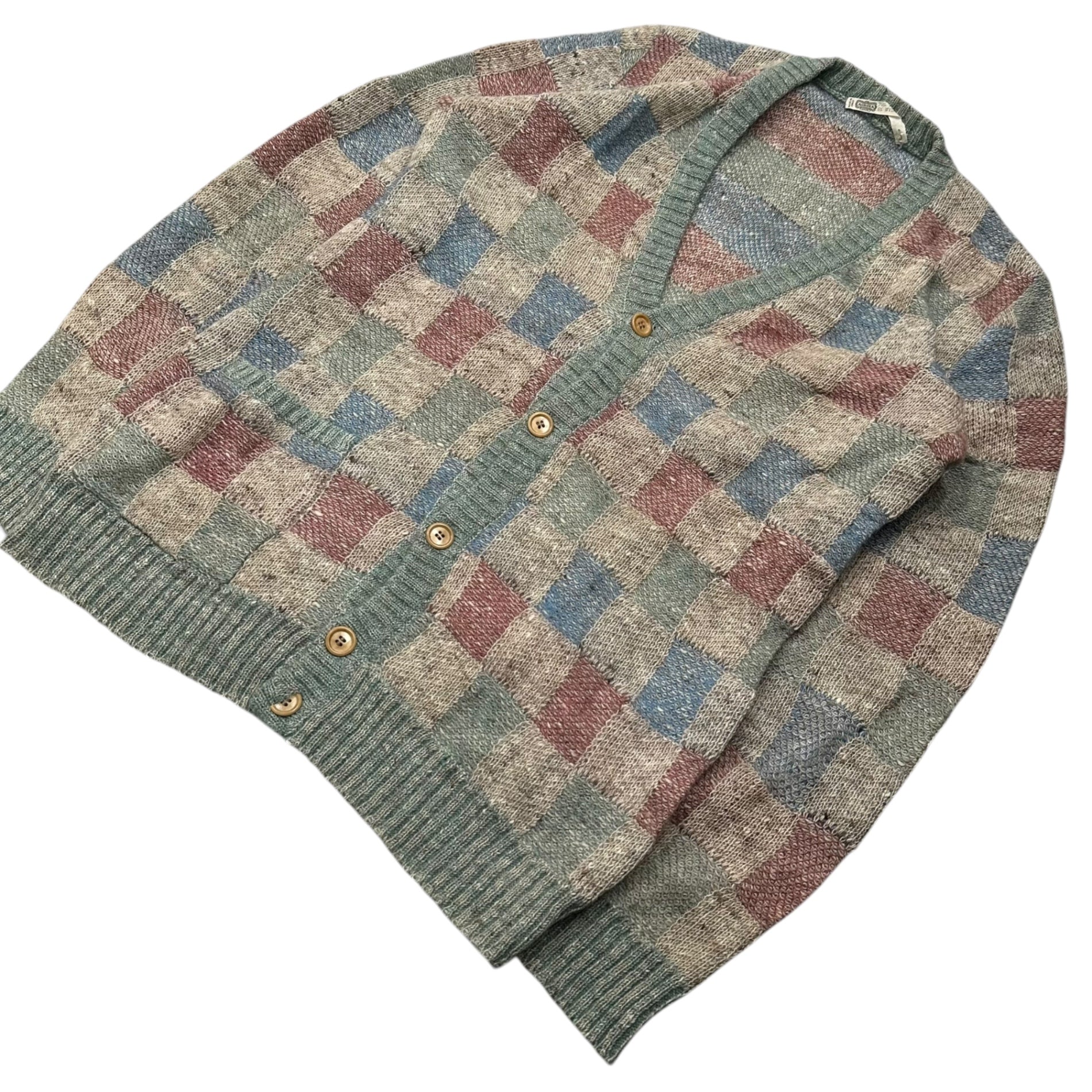 VINTAGE(ヴィンテージ) 70~80's Mohair-Blend Checked Wool Cardigan 70~80年代 モヘア混 チェック ウール カーディガン 表記無(L程度) ブルー×ベージュ×レッド ヴィンテージ モヘア 24% モヘヤ
