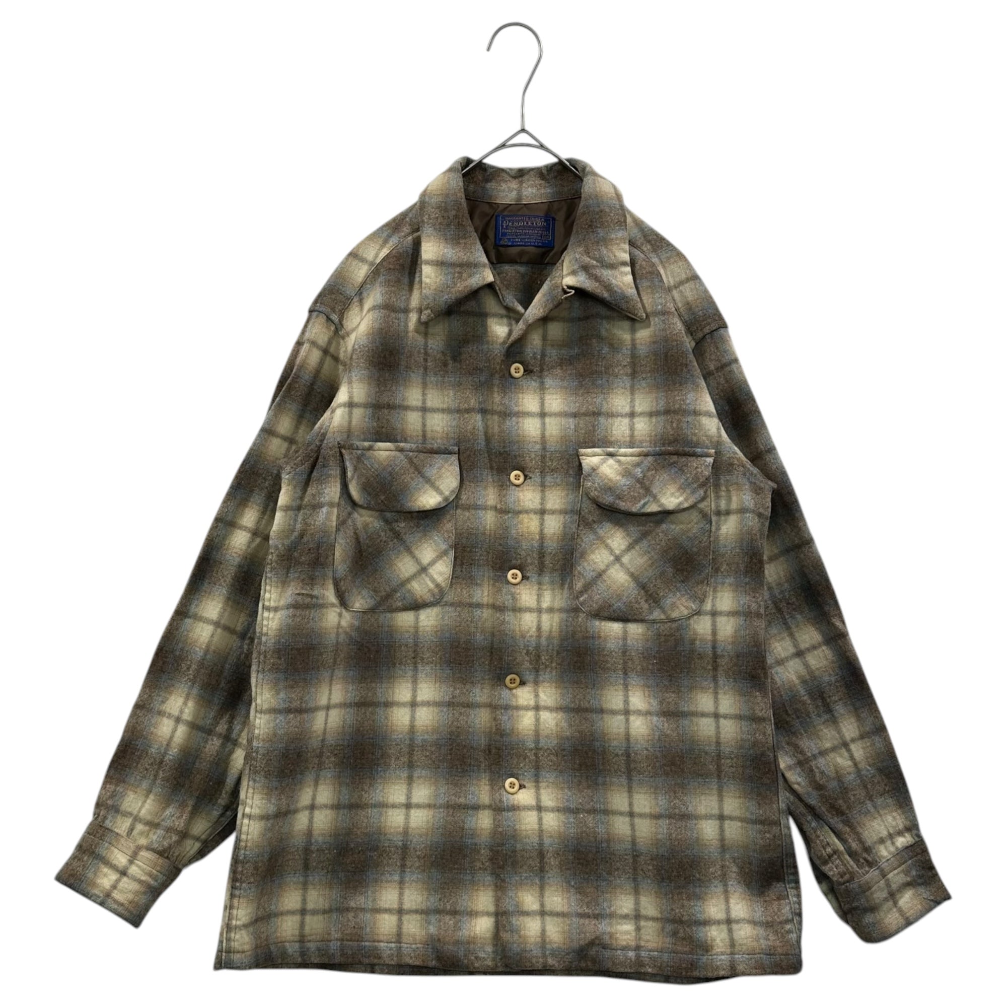 PENDLETON(ペンドルトン) 70's Board Shirt - Ombre Check ボード シャツ オンブレ チェック M ベージュ×スカイブルー 70年代 開襟 オープンカラー ウール ヴィンテージ