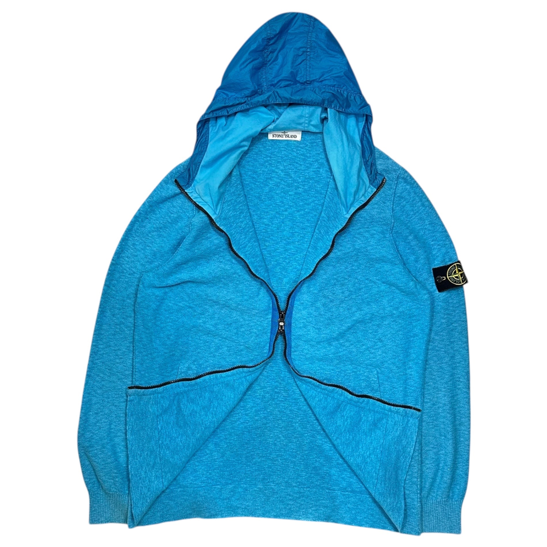 STONE ISLAND(ストーンアイランド) Garment-dyed knit nylon paneled full-zip hoodie ガーメントダイ ニット ナイロン 切替 フルジップ フーディ パーカー XXL ブルー