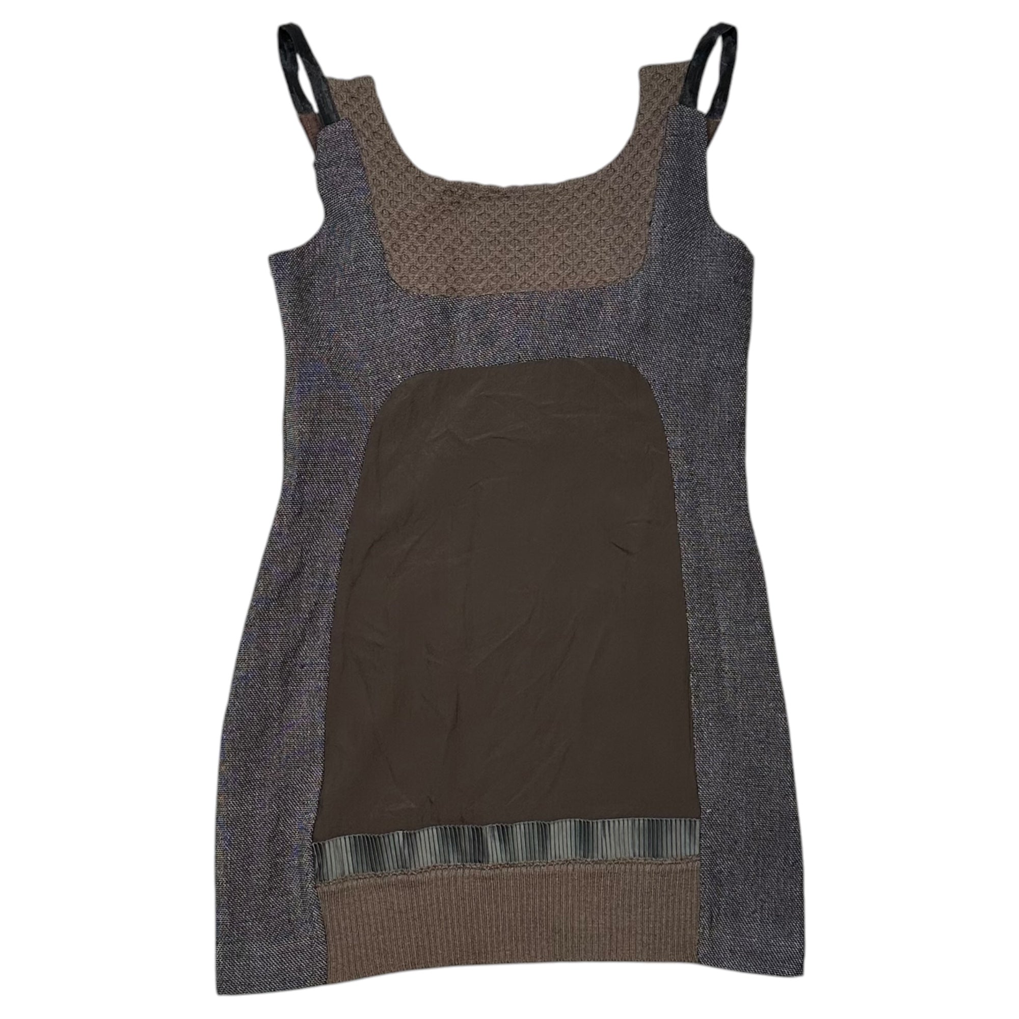 UNDERCOVER(アンダーカバー) 2007AW Purple Collection Mixed-Fabric Paneled Drawstring Silk Sleeveless Blouse パープル期 異素材 切替 ドローコード シルク ノースリーブ ブラウス 7A70-OP8  2 ブラウン×ブラック コレクションランウェイ 着用アイテム アーカイブ 稀少品