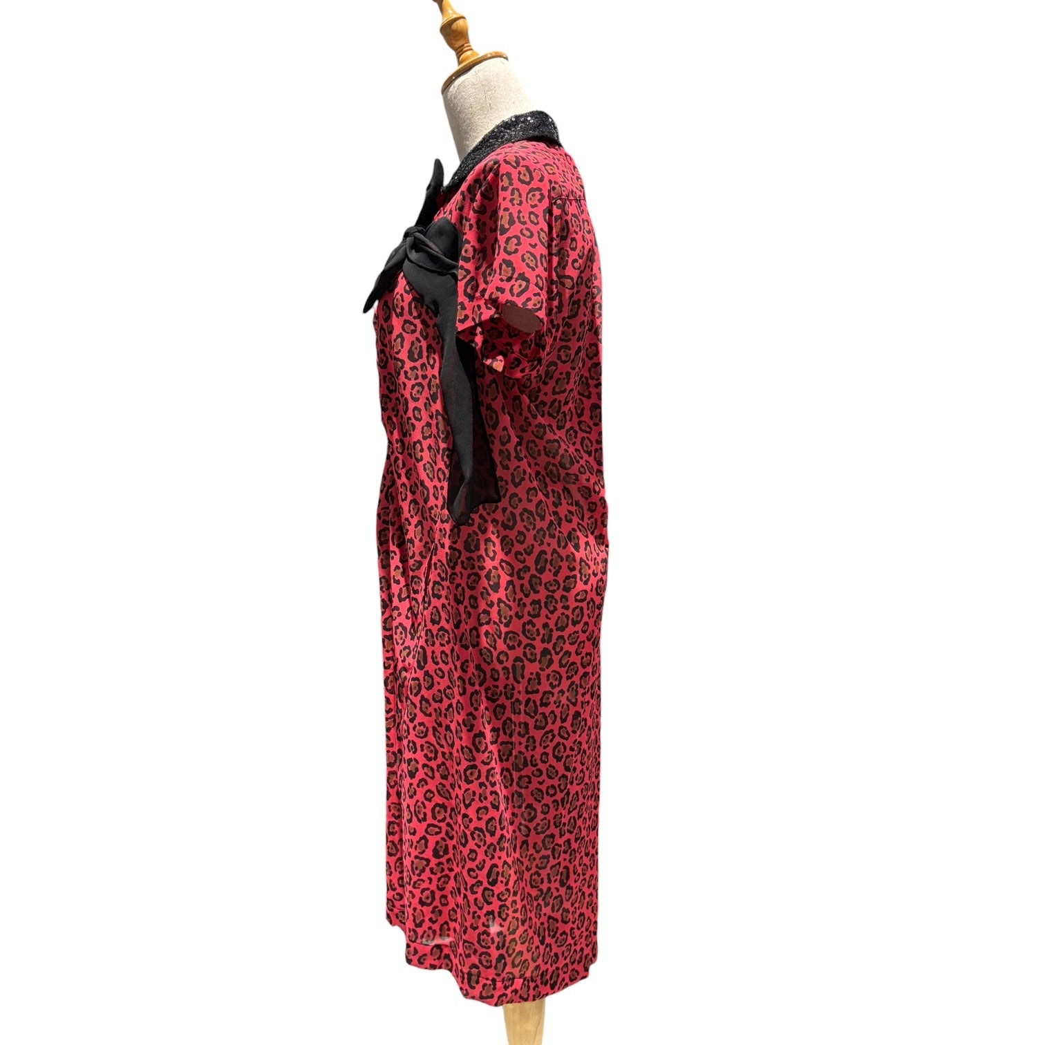 tricot COMME des GARCONS(トリココムデギャルソン) 12SS Sequin Collar Leopard Print Ribbon Blouse スパンコールカラー レオパード リボン ブラウス TI-O014 M レッド×ブラック AD2011