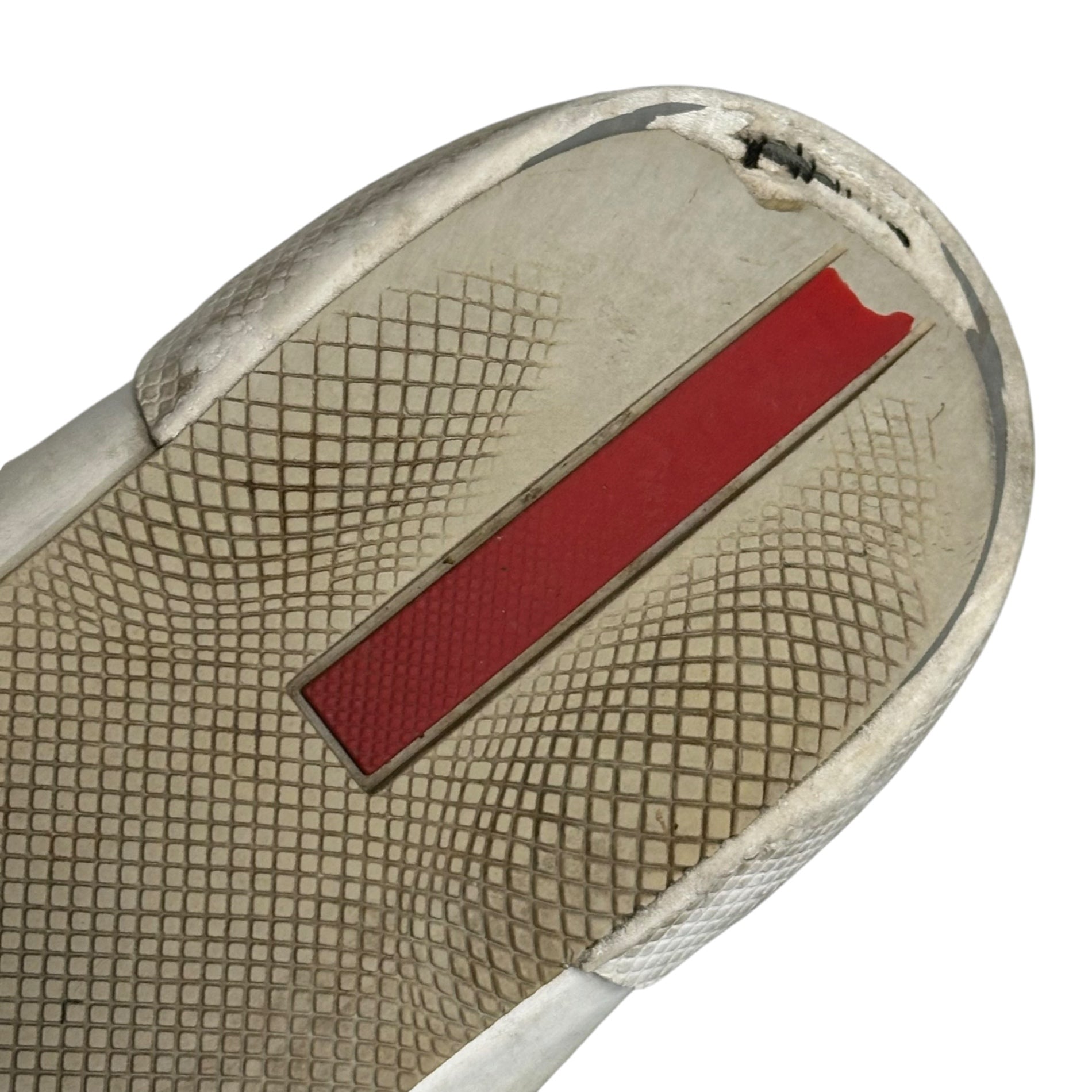PRADA(プラダ) High-Top Leather Sneakers with Heel Triangle Logo ヒール 三角 ロゴ ハイカット レザー スニーカー 4T2148 9(27.0cm程度) グレー×ホワイト×レッド