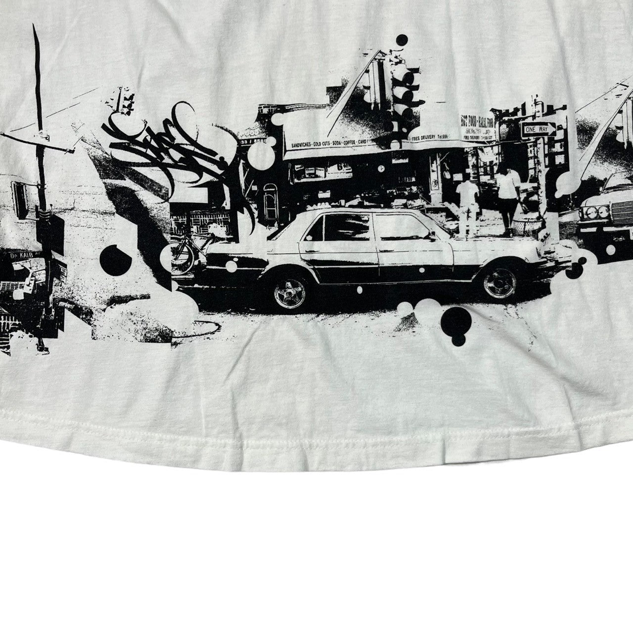 STUSSY(ステューシー) 90’s~00's landscape painting with cars 車 景色 Tシャツ 紺タグ SIZE M ホワイト×ブラック 90～00年代 OLD STUSSY