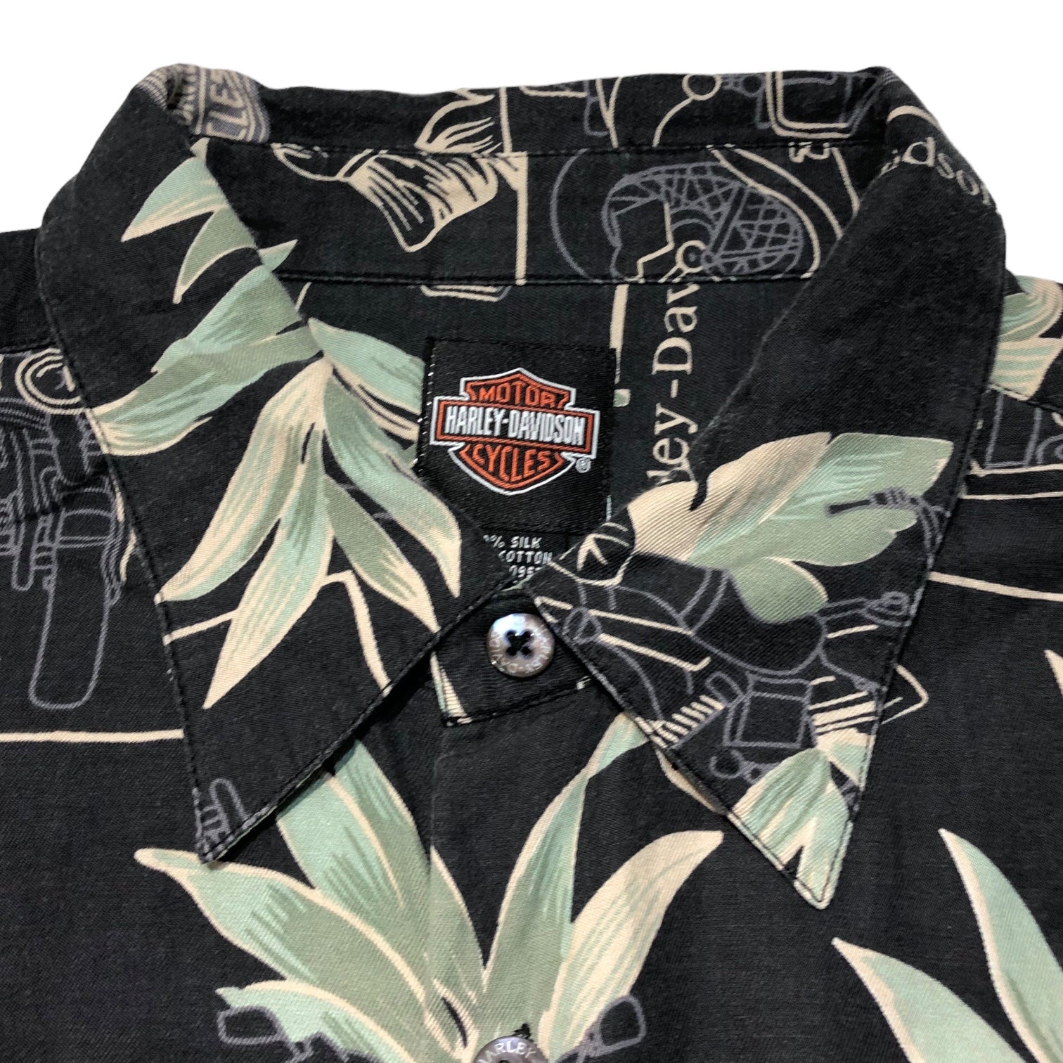 HARLEY DAVIDSON(ハーレーダビッドソン) Silk cotton aloha shirt シルク コットン アロハ シャツ 半袖 総柄  アイビスカス 2XL ブラック