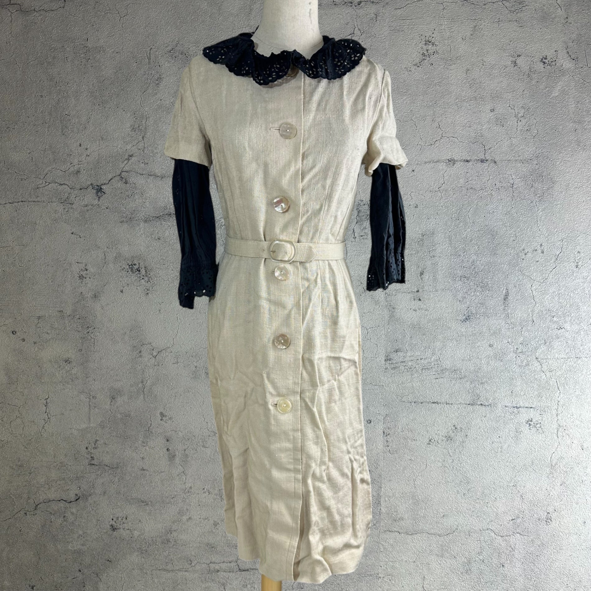 Euro vintage(ヨーロッパヴィンテージ) 30's~ jute_short sleeve onepiece with belt ベルト付き半袖ワンピース 貝ボタン 表記無し(M程度) ベージュ