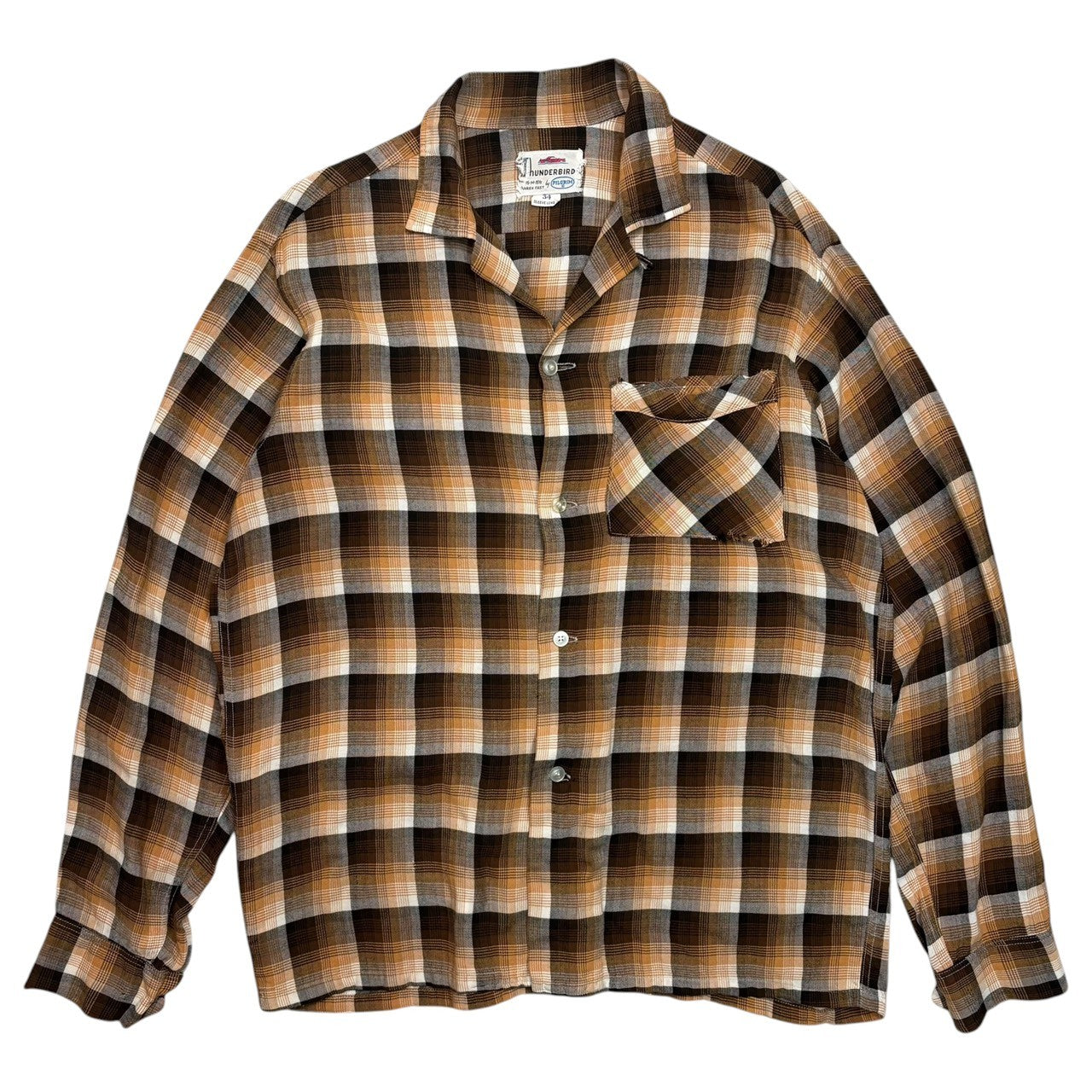 PILGRIM(ピルグリム) 60's THUNDERBIRD Ombre Check Rayon Open-Collar Shirt オンブレ チェック レーヨン オープンカラー シャツ M ブラウン 60年代 開襟