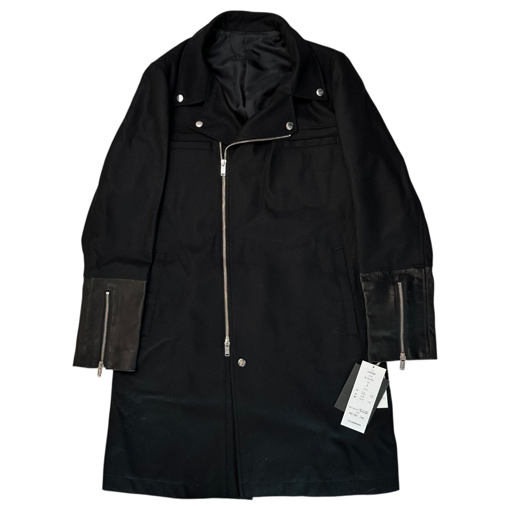 John UNDERCOVER(ジョン アンダーカバー) 15AW Leather-trimmed wool rider's coat レザー 切替 ウール ライダースコート JUP4302 2(M程度) ブラック 参考定価71,500円(税込)
