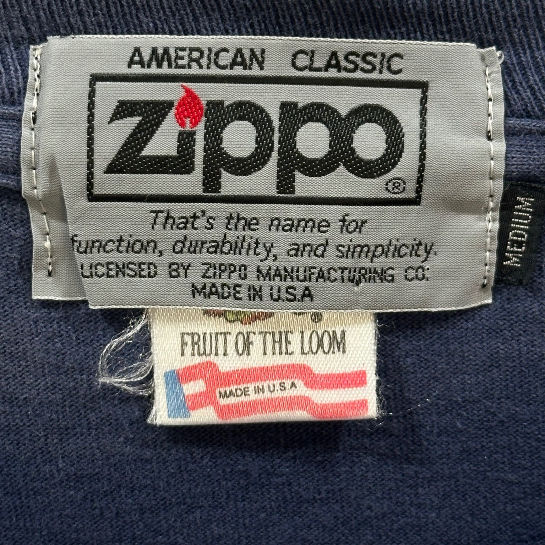 VINTAGE(ヴィンテージ) 90's ZIPPO Print L/S T-Shirt ジッポー プリント 長袖 Tシャツ ロンT M ネイビー フルーツボディ 裾シングルステッチ