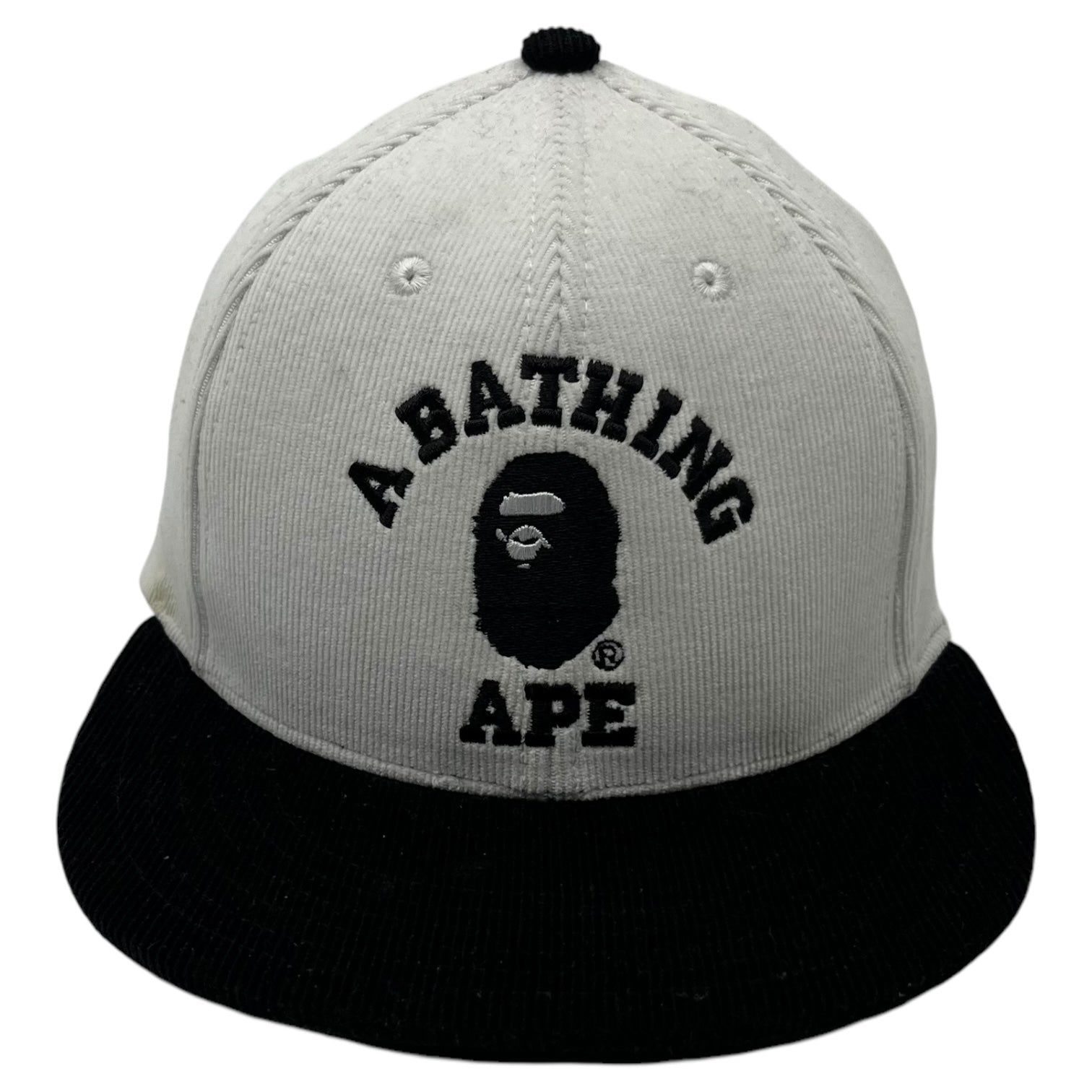 A BATHING APE(アベイシングエイプ) Corduroy College Snapback Cap カレッジ スナップバック キャップ 001CPJ801008Ｍ ホワイト×ブラック ロゴ バイカラー