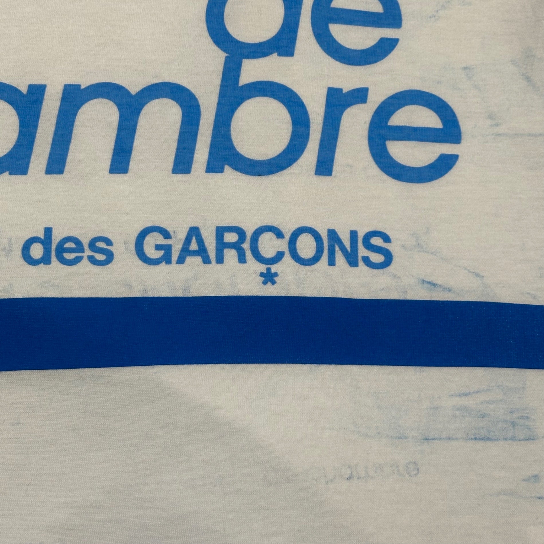 robe de chambre COMME des GARCONS(ローブドシャンブルコムデギャルソン) 1998SS S/S T-shirt with brand logo transfer graphic ブランドロゴ 転写 グラフィック 半袖 Tシャツ RT-100490 表記無(M程度) ホワイト×スカイブルー AD1997