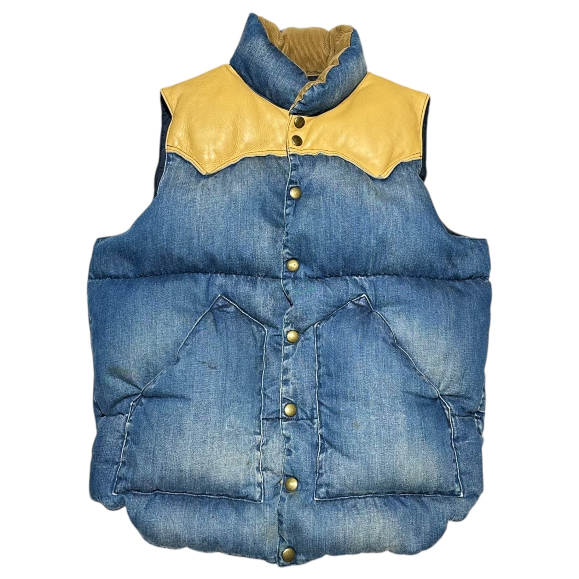 Rocky Mountain FeatherBed × BEAMS(ロッキーマウンテンフェザーベッド × ビームス) Leather Yoke Denim Down Vest レザー ヨーク デニム ダウン ベスト 450-472-63 38(M) インディゴ×ベージュ