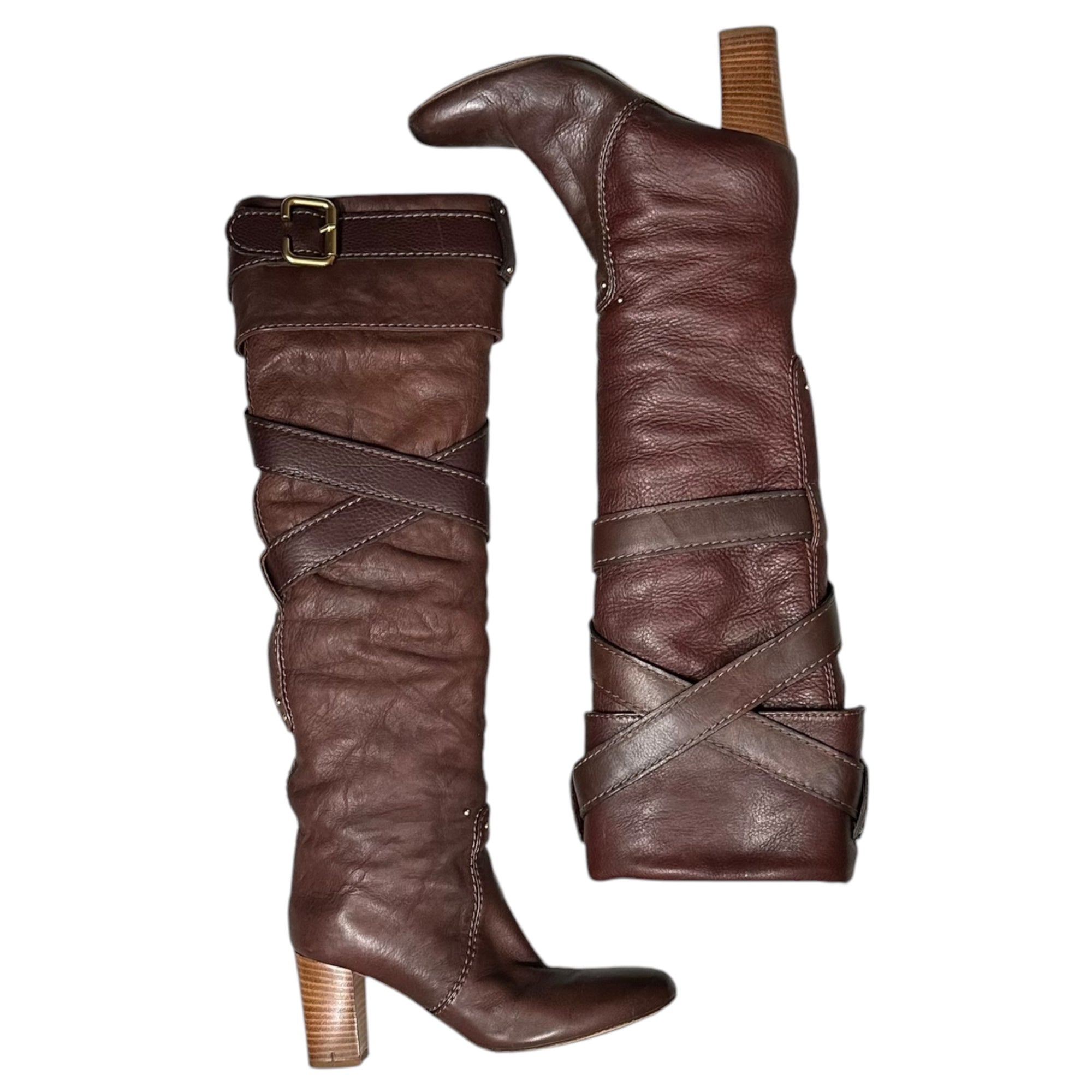 CHLOE(クロエ) Cross-strap Heeled Leather Long Boots クロスベルト ヒール レザー ロング ブーツ 36 1/2(23.5cm程度) ブラウン