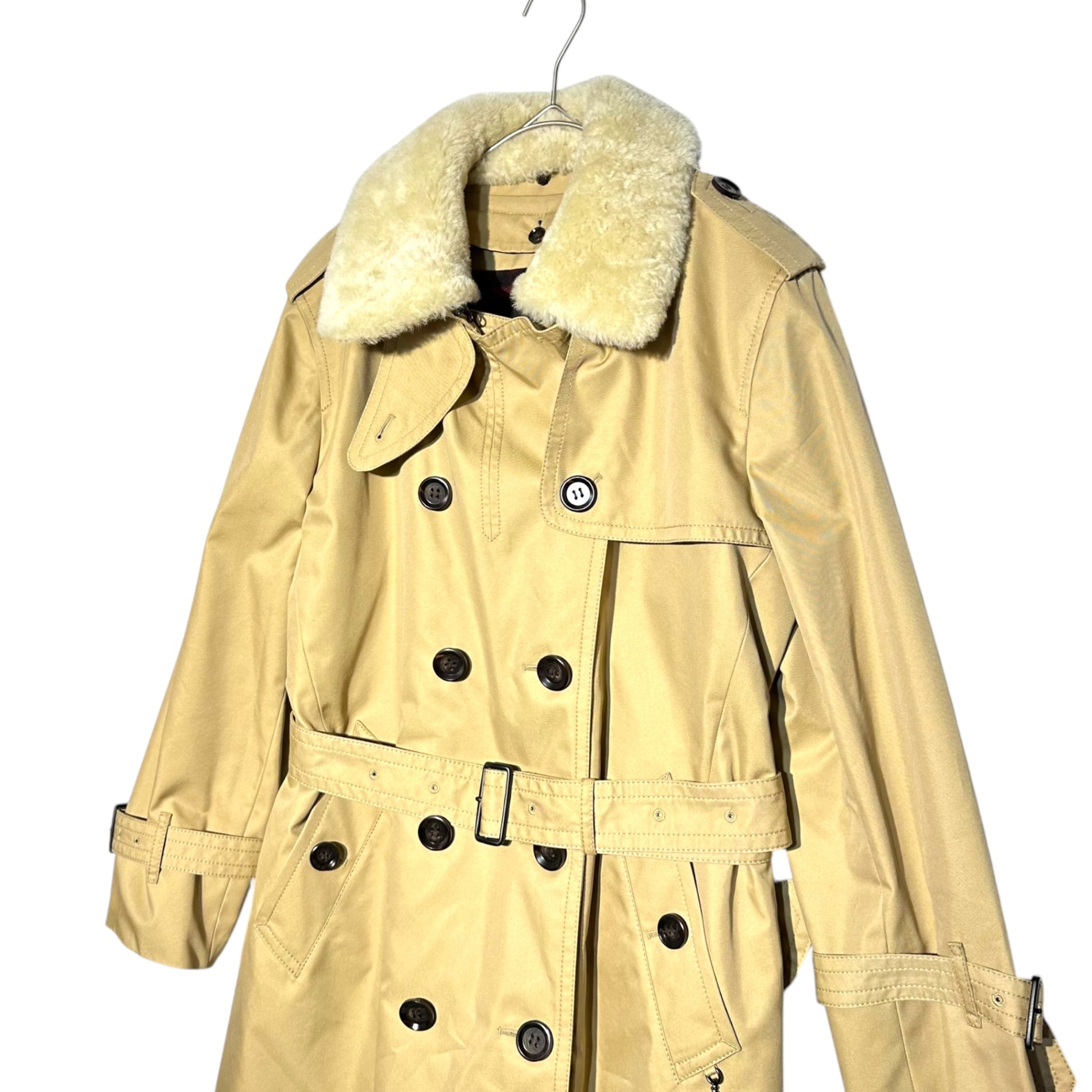 COACH(コーチ) Fur trench coat with liner ライナー付 ラムファー トレンチ コート  F76255 L ベージュ チェック