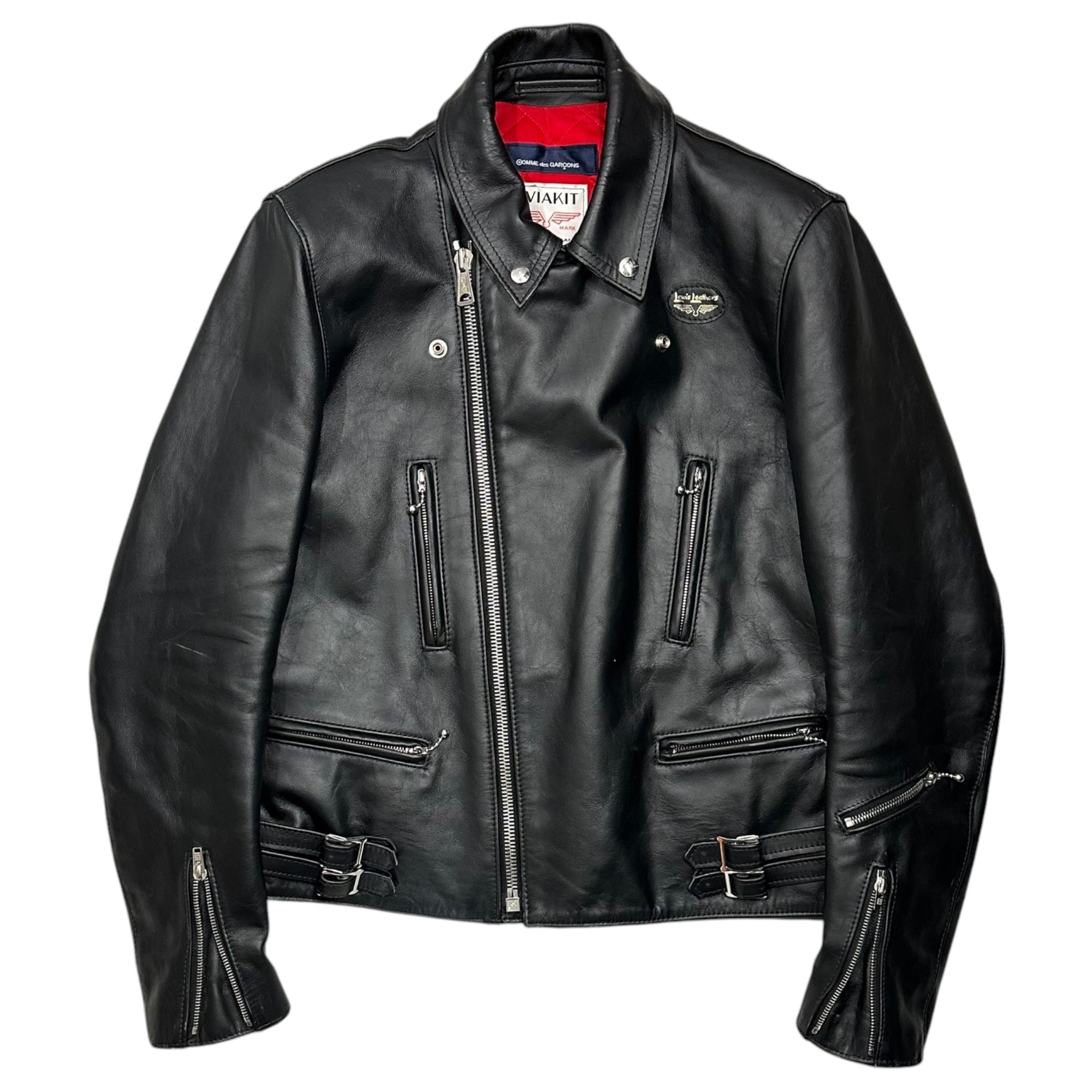 COMME des GARCONS×LEWIS Leathers(コムデギャルソン×ルイスレザー) 2024AW 青山店限定 ”MY ENERGY FROM FREEDOM” LIGHTNING ライトニング ダブル ライダース ジャケット KZ-J017 44 ブラック AD2024 カウハイド レザー ペイント スレ加工