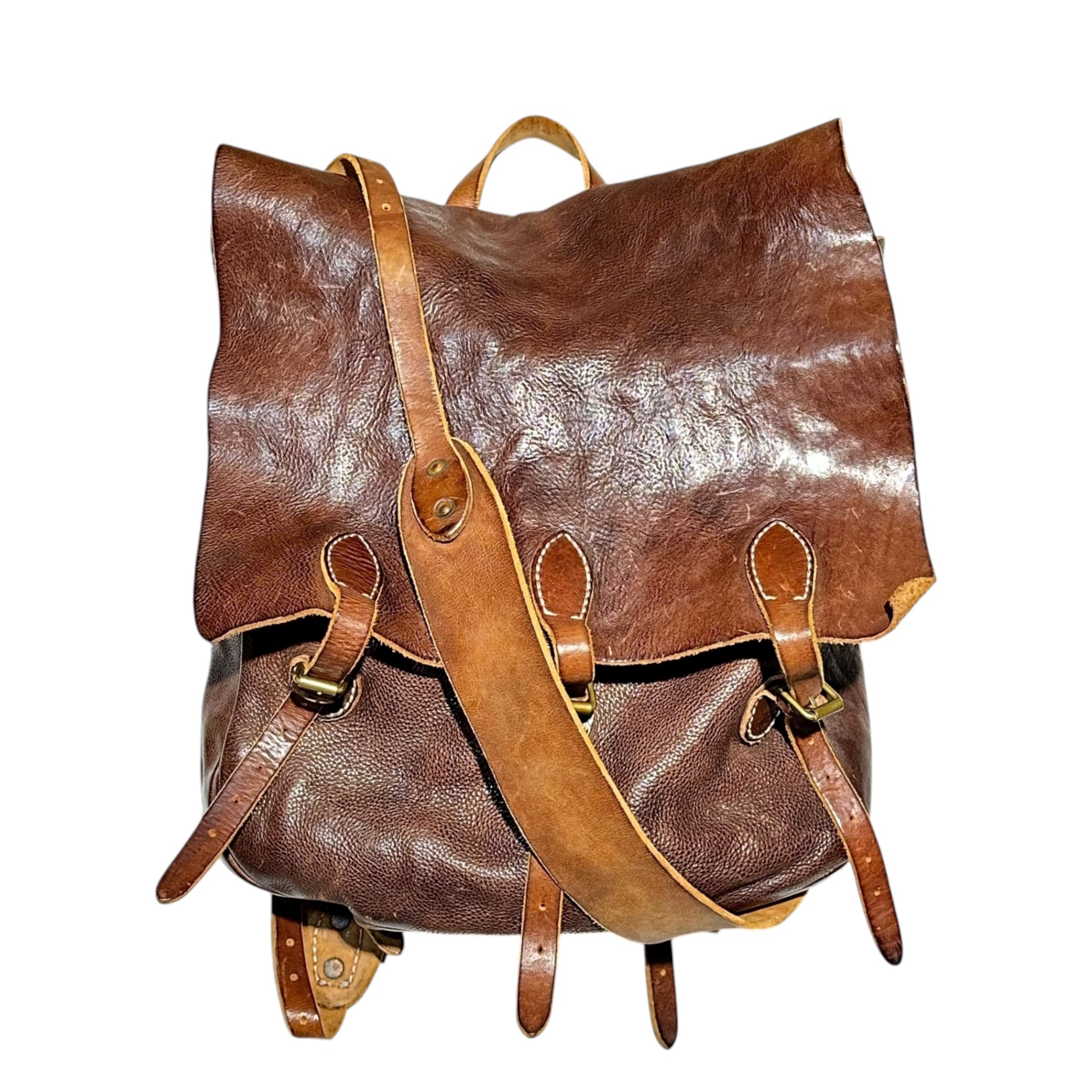 RRL(ダブルアールエル) Vintage-Processed Triple-Strap All-Leather Backpack Daypack ヴィンテージ加工 3連 ベルト オールレザー リュック デイパック ブラウン