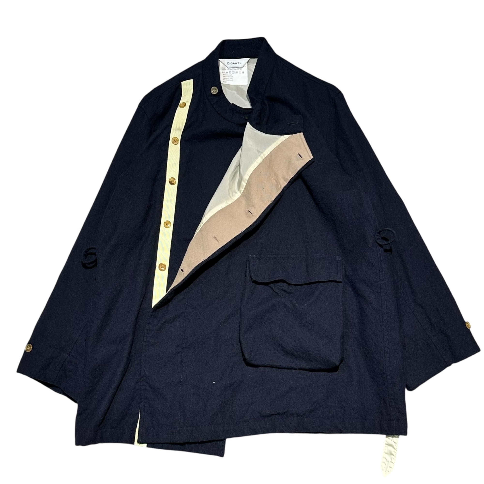 DIGAWEL(ディガウェル) Pre-washed Wool Coat with Diagonal Buttons and Large Pockets 製品洗い ウール 斜めボタン ビッグポケット コート  1(S程度) ネイビー