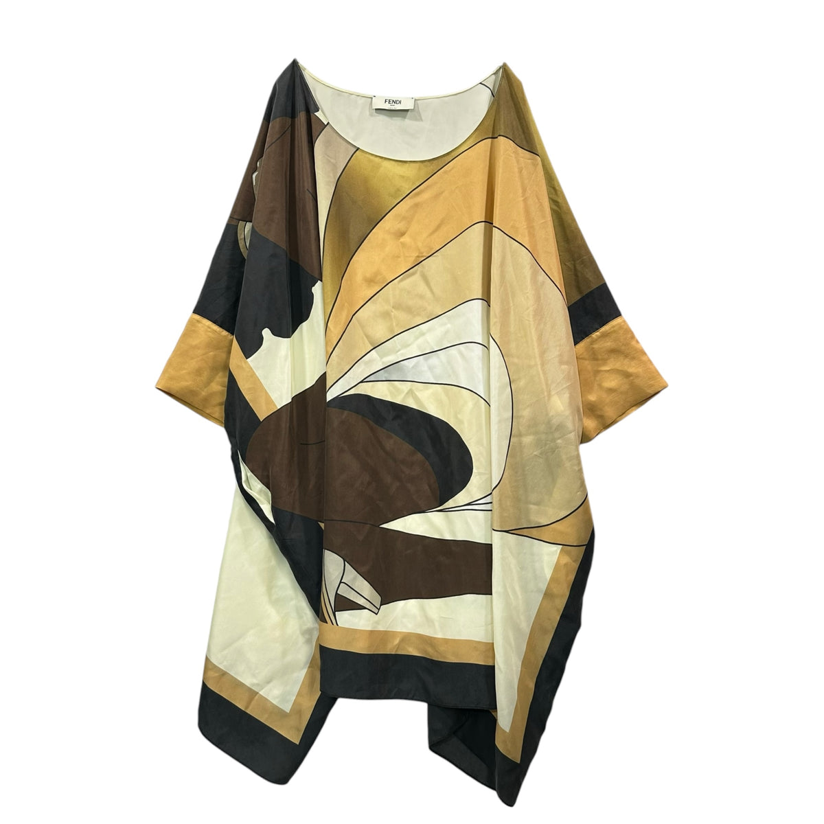 FENDI(フェンディ) Geometric-print all-silk dolman sleeve dress 幾何学模様 オールシルク ドルマン スリーブ ワンピース FXD568 AK77 L ベージュ×ブラウン