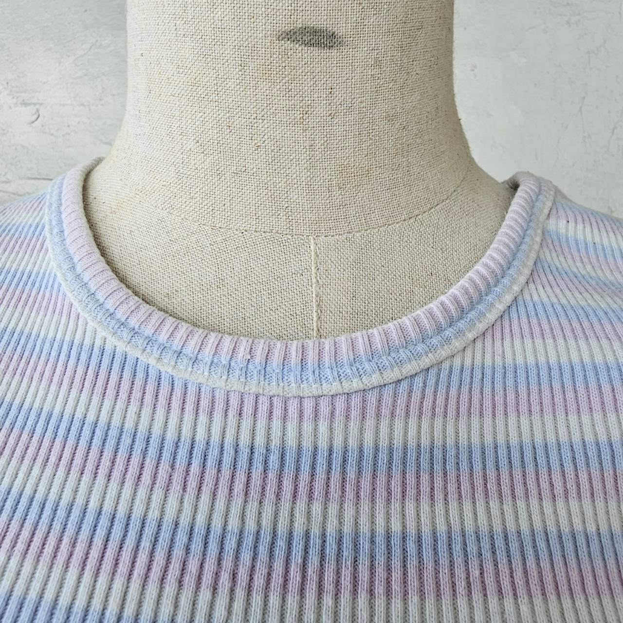 Euro vintage(ヨーロッパヴィンテージ) 70'ｓ~pale blue pink white pin stripe mini tee ペールトーンなミニＴシャツ Ｓサイズ マルチカラー