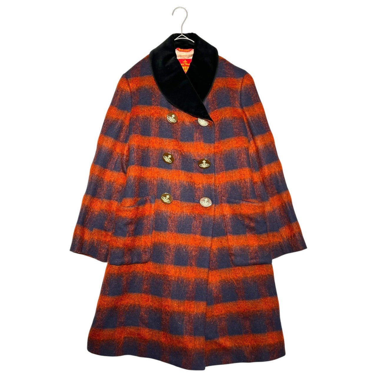 Vivienne Westwood RED LABEL(ヴィヴィアンウエストウッドレッドレーベル) 00's Velor collar shaggy wool orb button check coat 襟 ベロア シャギー ウール  オーブボタン チェック コート モヘア調 357-01-67513 3(L) レッド×ネイビー オリゾンティタグ