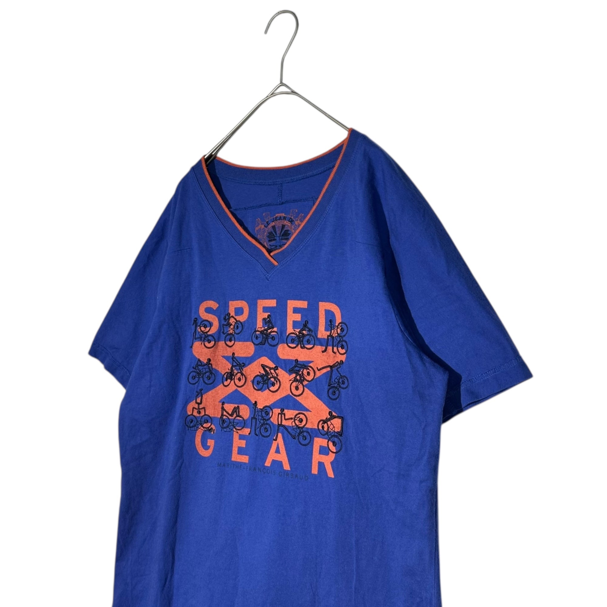 MARITHE FRANCOIS GIRBAUD(マリテフランソワジルボー) 00's Road Racer Embroidered V-neck T-shirt ロードレイサー 刺繍 Vネック Tシャツ M5-6940 L ブルー×オレンジ Y2K Tシャツ 自転車 ロゴ