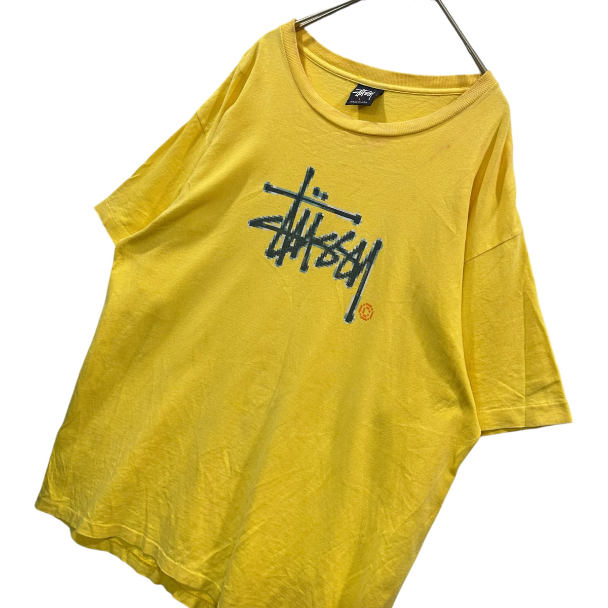 STUSSY(ステューシー) 1990's Pixel-Logo Crewneck S/S T-Shirt 90年代 ピクセル ロゴ クルーネック S/S Tシャツ L イエロー×ブルー 90s オールド OLD STUSSY ヴィンテージ シングルステッチ 紺タグ