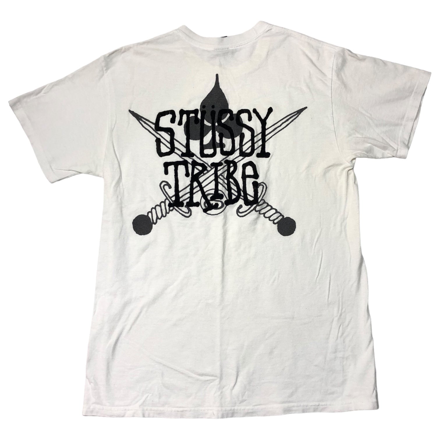 STUSSY(ステューシー) 00's VINTAGE flocky print TRIBE Tシャツ M ホワイト バックプリント クロー