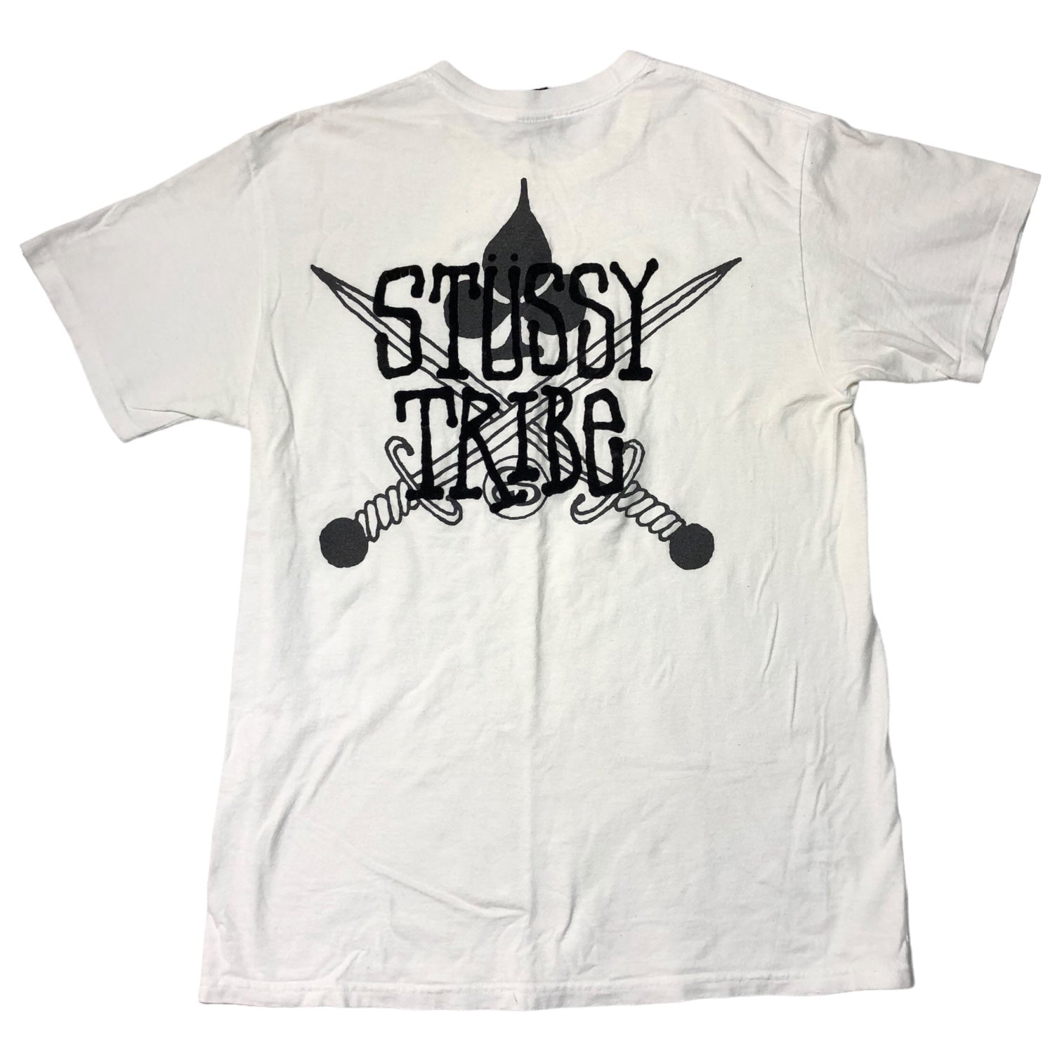 STUSSY(ステューシー) 00's VINTAGE flocky print TRIBE Tシャツ M ホワイト バックプリント クローバー×ソード OLD STUSSY