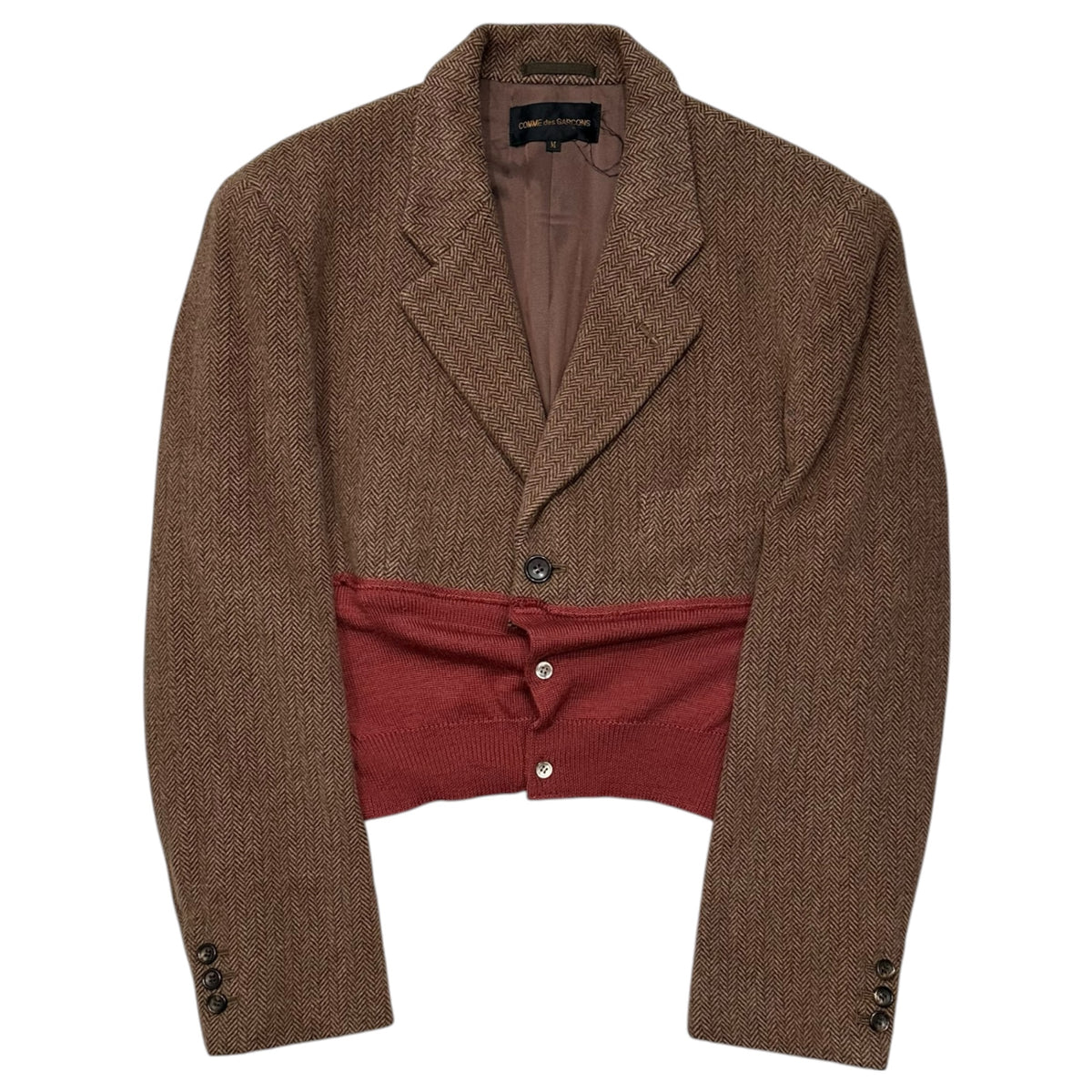 COMME des GARCONS(コムデギャルソン) 1993AW Tweed and knit panel jacket and skirt matching setup ツイード ニット 切替 ジャケット スカート セットアップ GJ-04050 M ブラウン×レッド 90's 90年代