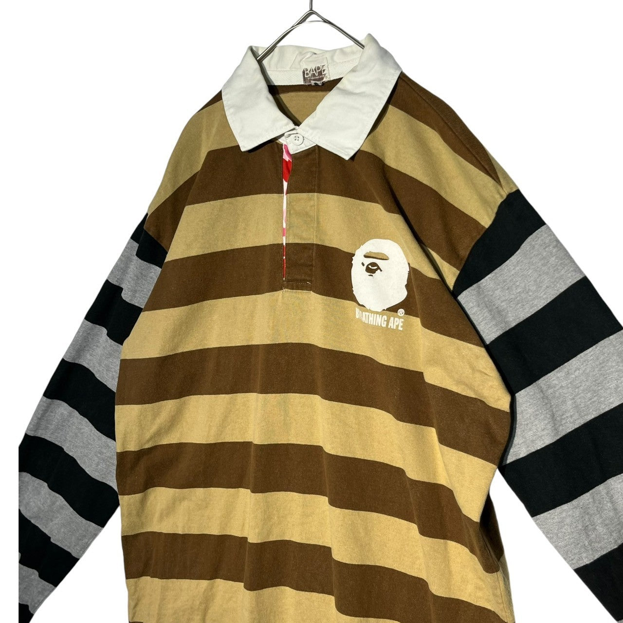 BAPE BY A BATHING APE(ベイプ バイ ア ベイシングエイプ)  00's One point logo switching long sleeve rugby shirt ワンポイント ロゴ 切替 長袖 ラグビーシャツ ラガーシャツ 猿 L パープル×グレー×ブラック